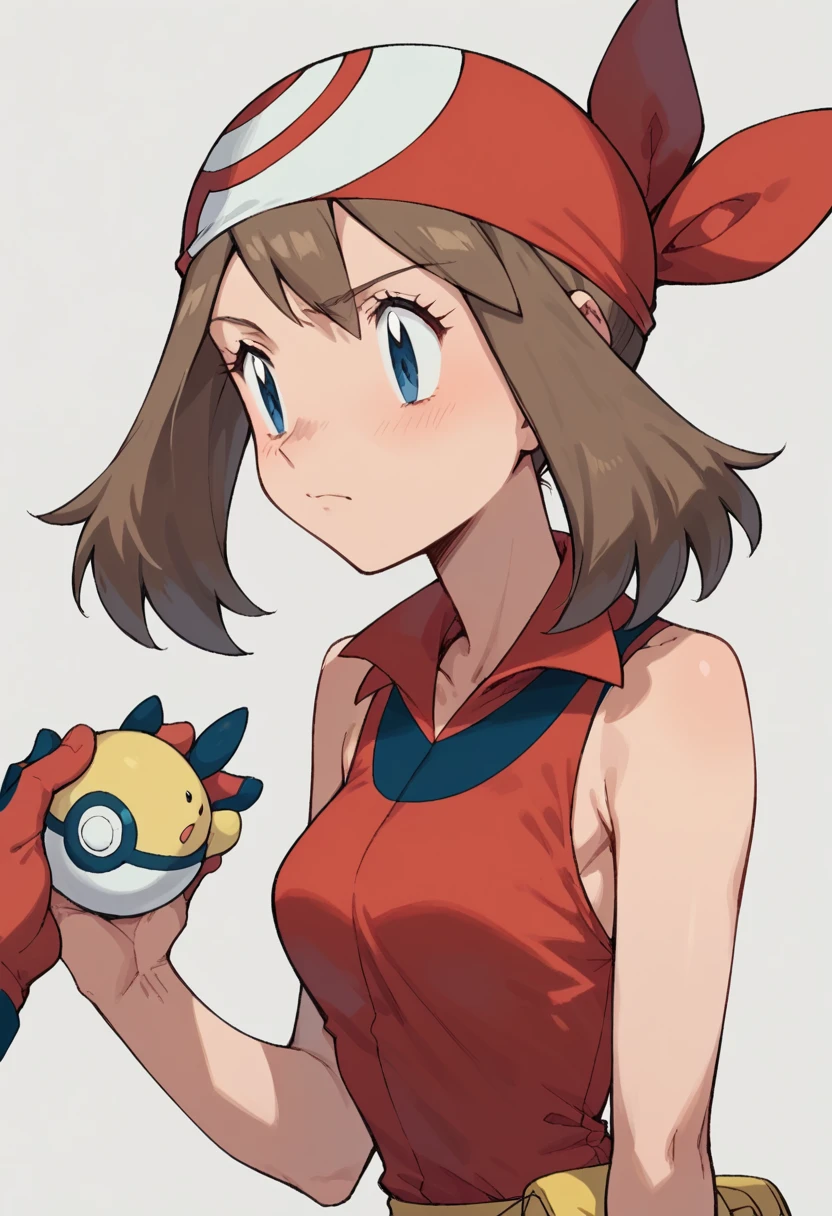 may (pokemon), bandana, red shirt, bare shoulders, torso, 