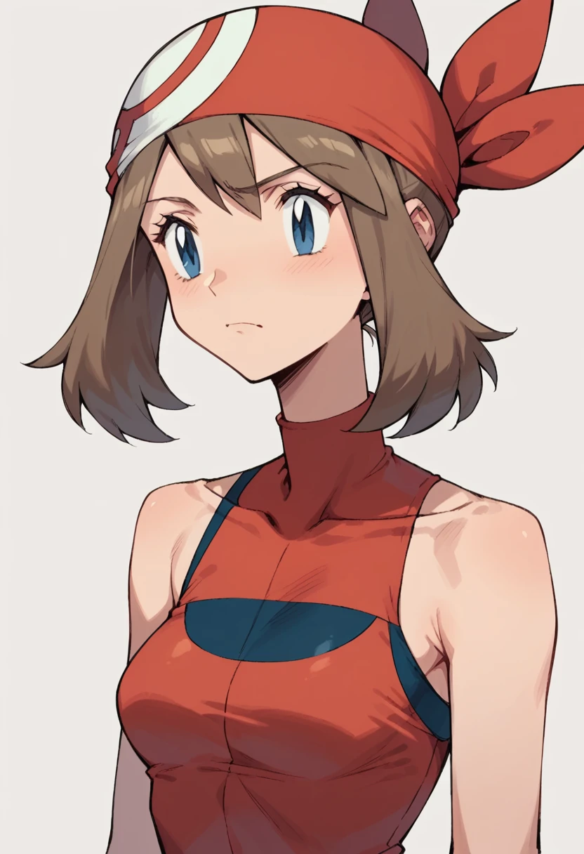 may (pokemon), bandana, red shirt, bare shoulders, torso, 