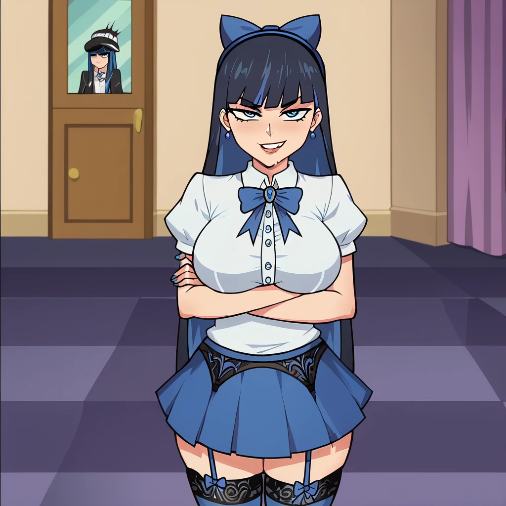 NSFW, masterpiece, (best quality: 1.2), long hair, blue eyes, green hair, worns, big breasts, evil_smile, sexy, ((NUN)), red lipstick, ((seducing a boy: 1.5)), fishnet stocking, cum shot, woman being groped by a boy