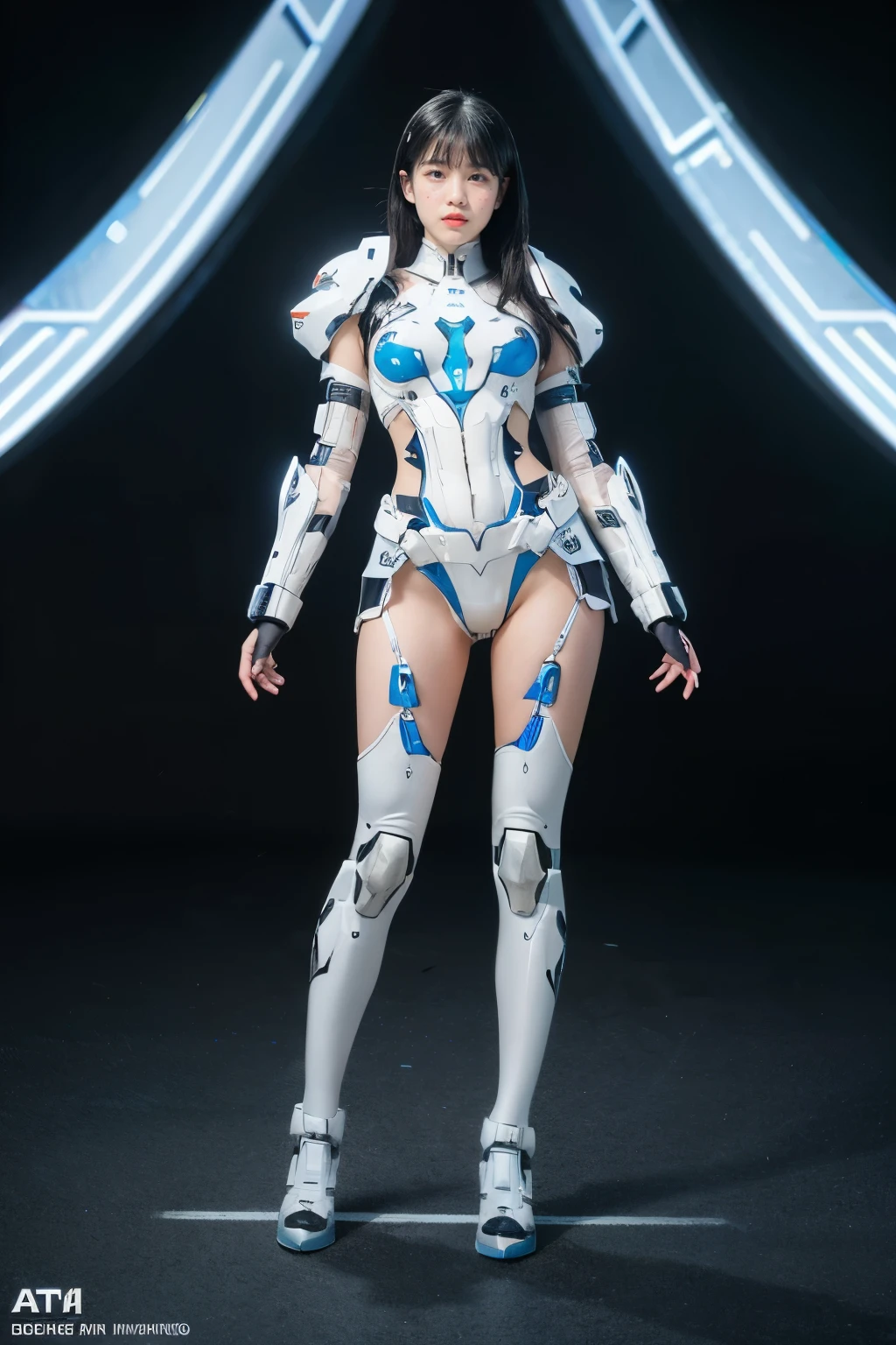 a futuristic woman in a high-tech suit, holding a sword, full-body portrait, long legs, slightly chubby, navel visible, transparent skin, perfect body shape, feminine art style, macro shot, mechanized valkyrie girl, ferra white mecha, girl in mecha cyber armor, female mecha, extremely detailed by artgerm, echo from overwatch, clear and gorgeous facial features, female paladin, advanced rendering, depth of field