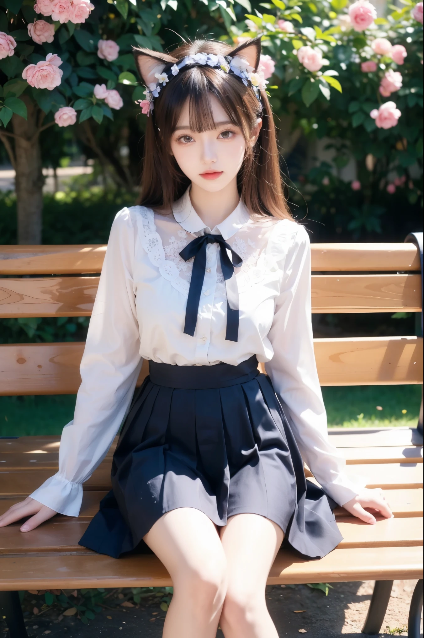 Anime Pictures。Bright and pretty shades。A cute woman with cat ears of about 18 years old sits on a bench in the pavilion of a garden full of flowers。Clothing designed in the image of Hungarian national costume。mini-skirts。Flowers are fluttering。Cute geometric pattern background。Extremely high quality、Extremely high image quality、Maste Piece、Best-aesthetic