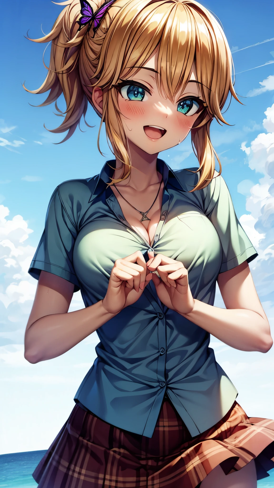 （super high quality, super high definition,16k,super masterpiece,Ultra HD ,Detailed shading and background,）Shooting from below,One Girl, ponytail, Purple Swallowtail Butterfly Barrette and Necklace ,（ Short-sleeved White Cutter Shirt Unbuttoned and Unbuttoned,）Thin, transparent body and bra,red plaid mini skirt ,smile,blush,Open your mouth a little,Sweaty,Blue sky and sea with clouds and sun visible,Lean forward,Put your hands far forward,