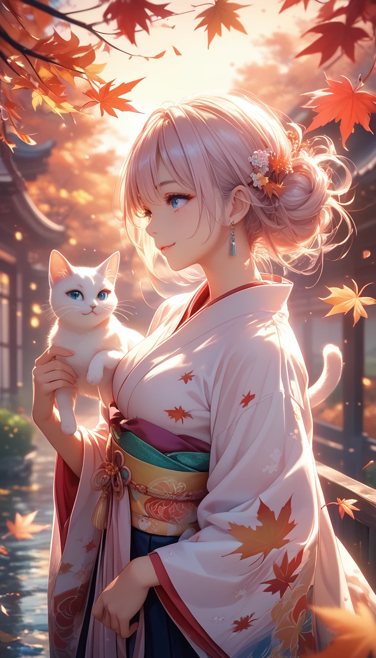 (super masterpiece、Best Quality、 High Resolution 、Ultra HD、Advanced Details、8k) anime,(A beautiful woman wearing an autumn-like kimono looks at the sunset with a smile on her face)、Upward slanted profile 、( anatomically correct),Hair length is around the waist,Her hair color is pink.,White cat,tail,decoration,Ideal Anatomy, Zoom in, Dramatic Lighting, atmosphere,Mood,Autumn leaves,Autumn leaves fluttering,