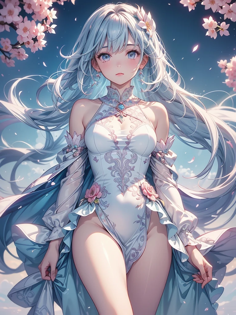 cherry_blossoms, Falling_petals, petals, branch, Pink_flower, 1girll,20yr old, Blue_sky, Spring_\(season\), petals_On_Liquid, flower, hanami, dress, (Long straight blue hair：1.5), Wear a garland, sky,exteriors，​​clouds，By bangs，ssmile，Blue eyes，White wedding dress，white lace legwear，Diamond crystal heels，Lace gloves，exposed bare shoulders，diamonds earrings，Detail enhancement。Slim hands，perfect hand，Holding_flower，ventania，The tree，Looking_at_peeping at the viewer，best qualtiy，detail-rich，Bra suspenders，Golden ratio figure，Thin waist，slenderlegs，Perfect image quality。
