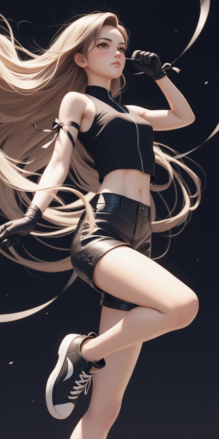 (masterpiece,Highest quality,Ultra-high resolution),(((A very beautiful girl))), age 25, acTifa, brown eyes, long hair, black shirt, black tank top, zipper, black skirt, midriff, black shorts, black gloves, arm ribbon, black sneakers, dynamic pose, sexy pose, blush, hair blowing in the wind, black background 