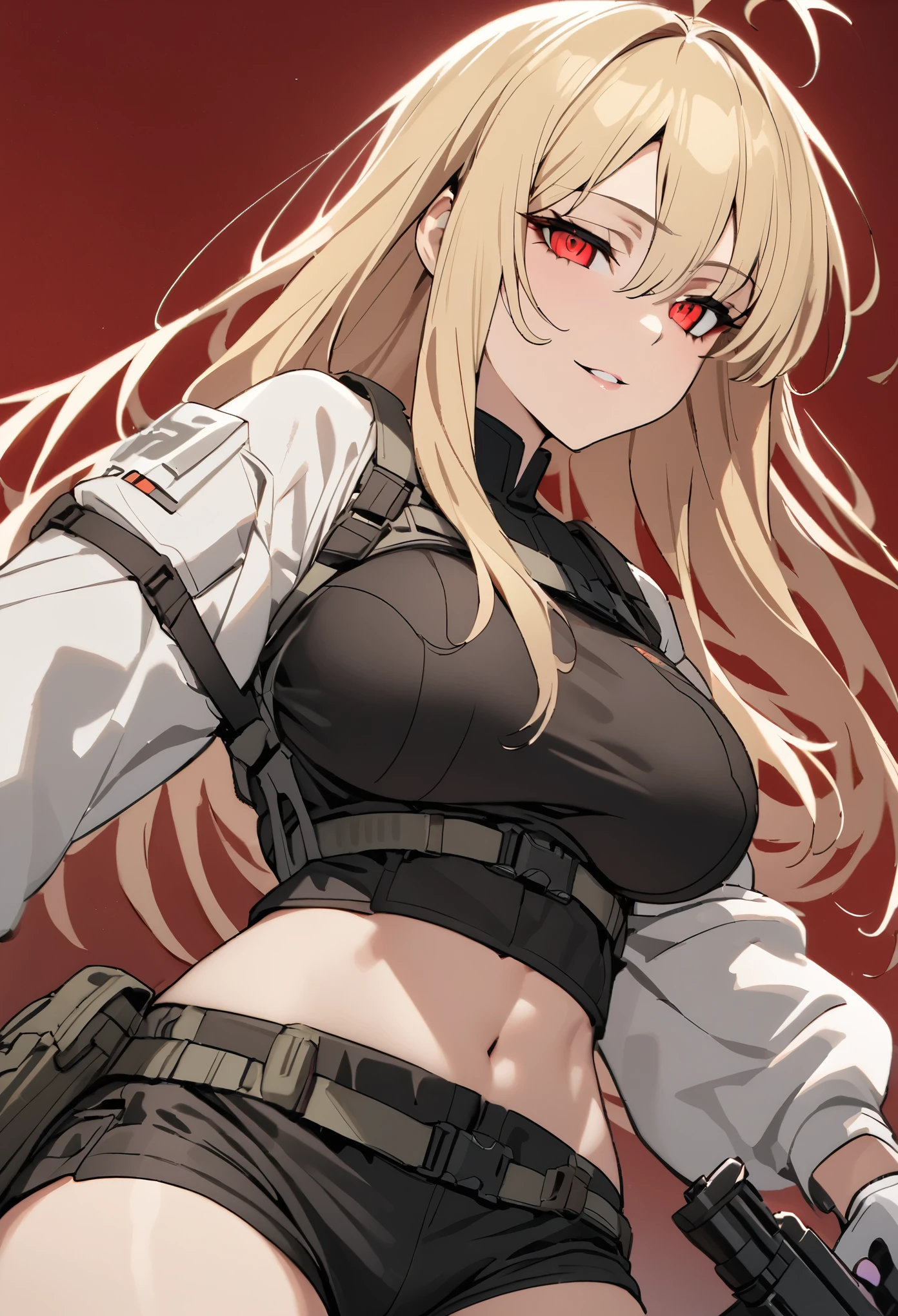 (high-quality, breathtaking),(expressive eyes, perfect face) 1girl, female, solo, mature, half open eyes, Alicization, Symmetrical Eyes, simple background, seductive smile, long hair, SAO inspired, maomao, armor, cowboy shot, medium full shot, light blonde hair, bangs, alluring red eyes, large breasts, hair between eyes, fluffy hair, half open eyes, hair over one eye, small Ahoge, pale blonde hair color, bright red eye color, straight hair, (NO braids in hair), cargo belt with holsters, Gun Gale Online, (black cargo shorts), gun holsters, military, ((light pink combat gloves)), pistol, (white leather biker jacket), dark grey tactical harness, tech wear, security equipment, cyberpunk, girls front line