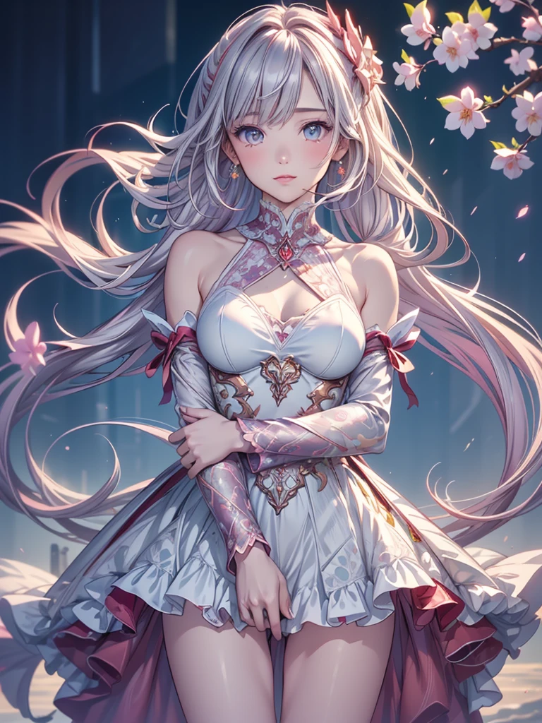 best quality:1.5), (ultra-detailed:1.5), (()), ((best quality)), (high resolution), (illustration), (an extremely delicate and beautiful), (ultra detailed beautiful face and eyes), 1girl, leaning forward sharp focus, ray tracing, 1girl, silky hair, multicolored hair, White hair(inner color Cherry blossom )background(sakura tree, day light), eye color(White pink, high definition,)inner eye (sakura),volumetric lightning, super_long_hair、have a weapon(katana)、naked 
looking_all(score_9:1.2), (score_8_up:1.2), (score_7_up:1.2),solo,Perfect anatomy,(one cute girl:1.3),(Line art:1.3),(Soft atmosphere:1.3),perfect anatomy,(A soft anime-style image capturing a delicate and ephemeral atmosphere),Enhance the anime screencap by adding a watercolor background, further elevating the dreamy and ethereal aesthetic. This scene, now rendered in 16k wallpaper resolution, merges the delicate beauty of the girl with pale skin and natural hair with a soft, lush watercolor landscape.The natural big breast  ,super intricately designed transparent evening dress and her captivating eyes are set against a backdrop that mimics the fluid, blending colors of a watercolor painting, adding a layer of artistic depth and emotion. The perspective from above at a dutch angle, combined with the watercolor effect, creates a composition that feels like a floating, dream-like world, glowing aura around her are now part of a canvas that blends reality with imagination, inviting the viewer to step into a tranquil world of soft hues and poetic beauty, all encapsulated within a serene, BREAK,(best quality:1.3),(best masterpiece:1.3),(very aesthetic:1.2),(absurdres:1.2),newest,(intricate details:1.2),ai-generated,absurdres extremely detailed CG,depth of field,dynamic angle,dynamic pose、groin、
muscular female, fit, abs, leg muscles, arm muscle、