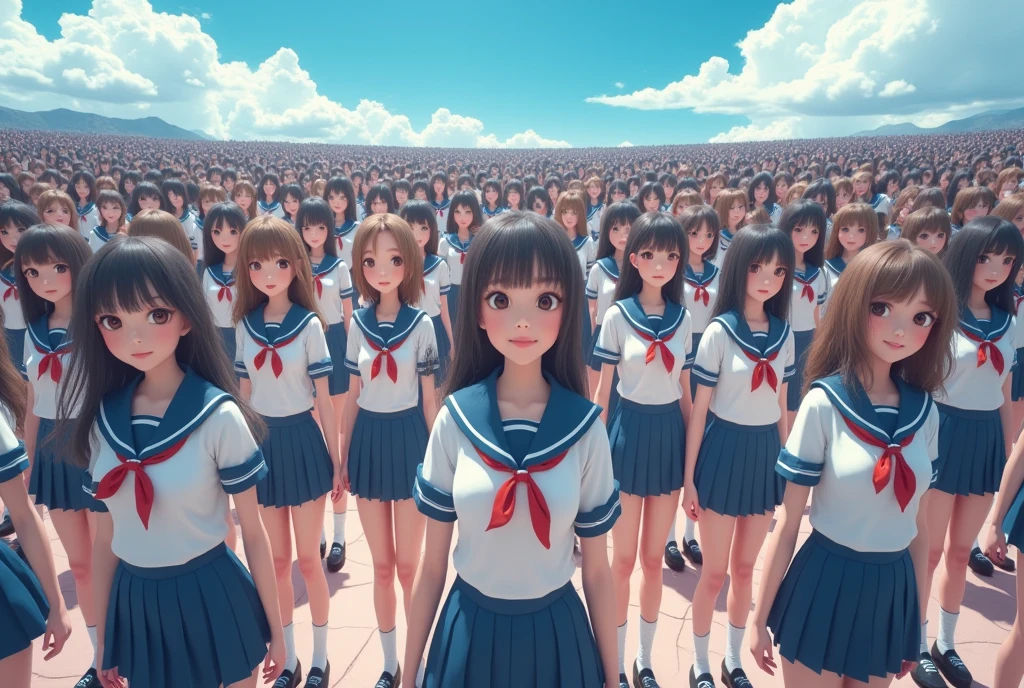 3000 realistic Asian girls in school uniforms standing in a row in a room