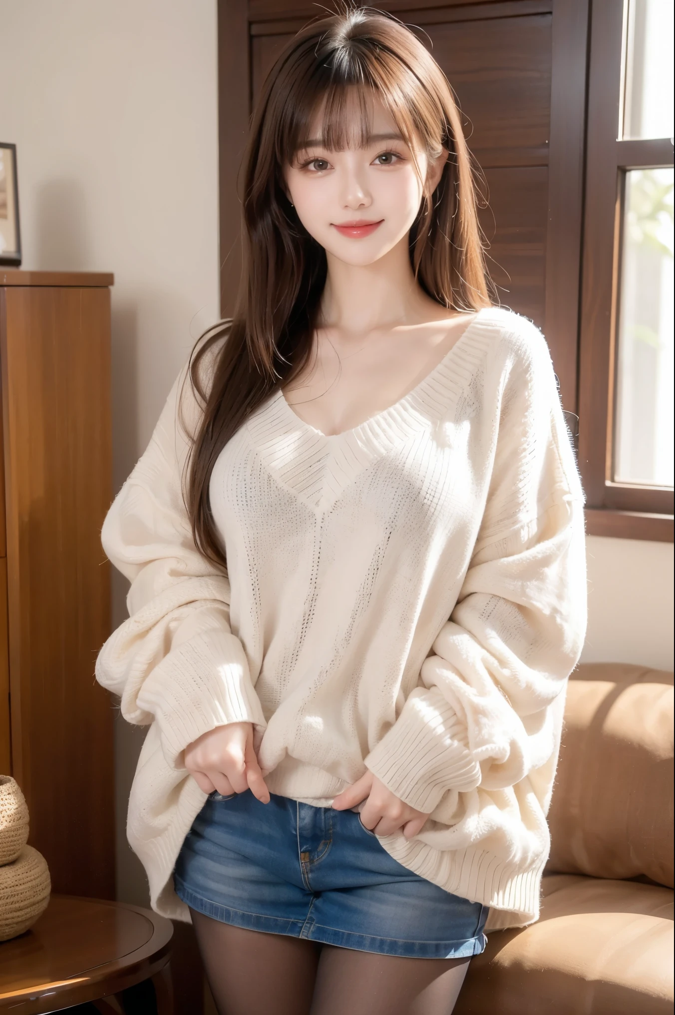 1lady standing, /(oversized sweater/) v-neck, mature female, /(brown hair/) bangs, blush kind smile, (masterpiece best quality:1.2) delicate illustration ultra-detailed, large breasts pantyhose BREAK /(modern house living room/) indoors