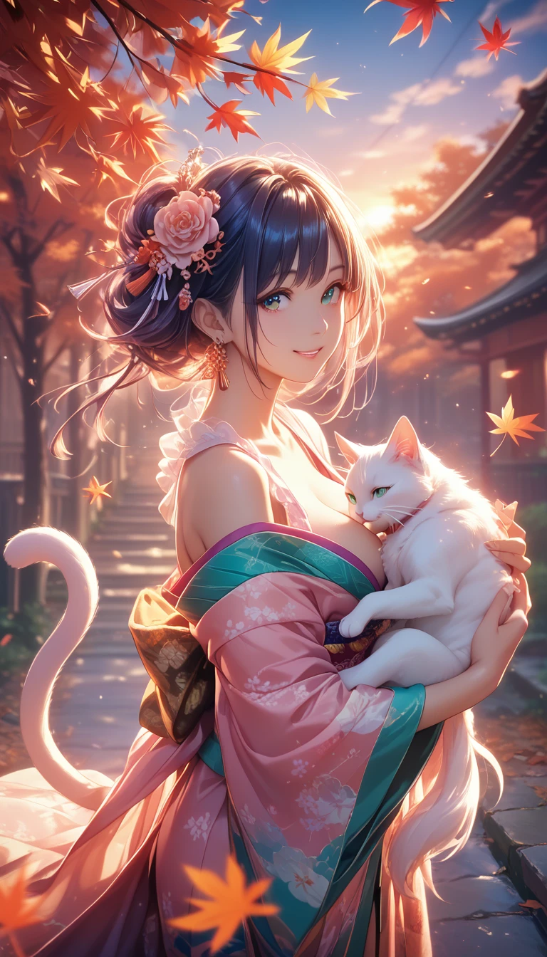 (super masterpiece、Best Quality、 High Resolution 、Ultra HD、Advanced Details、8k) 3D Animation,(A beautiful woman wearing an autumn-like kimono looks at the sunset with a smile on her face)、Upward slanted profile 、( anatomically correct),Hair length is around the waist,Her hair color is pink.,White cat,tail,decoration,Ideal Anatomy, Zoom in, Dramatic Lighting, atmosphere,Mood,Autumn leaves,Autumn leaves fluttering,