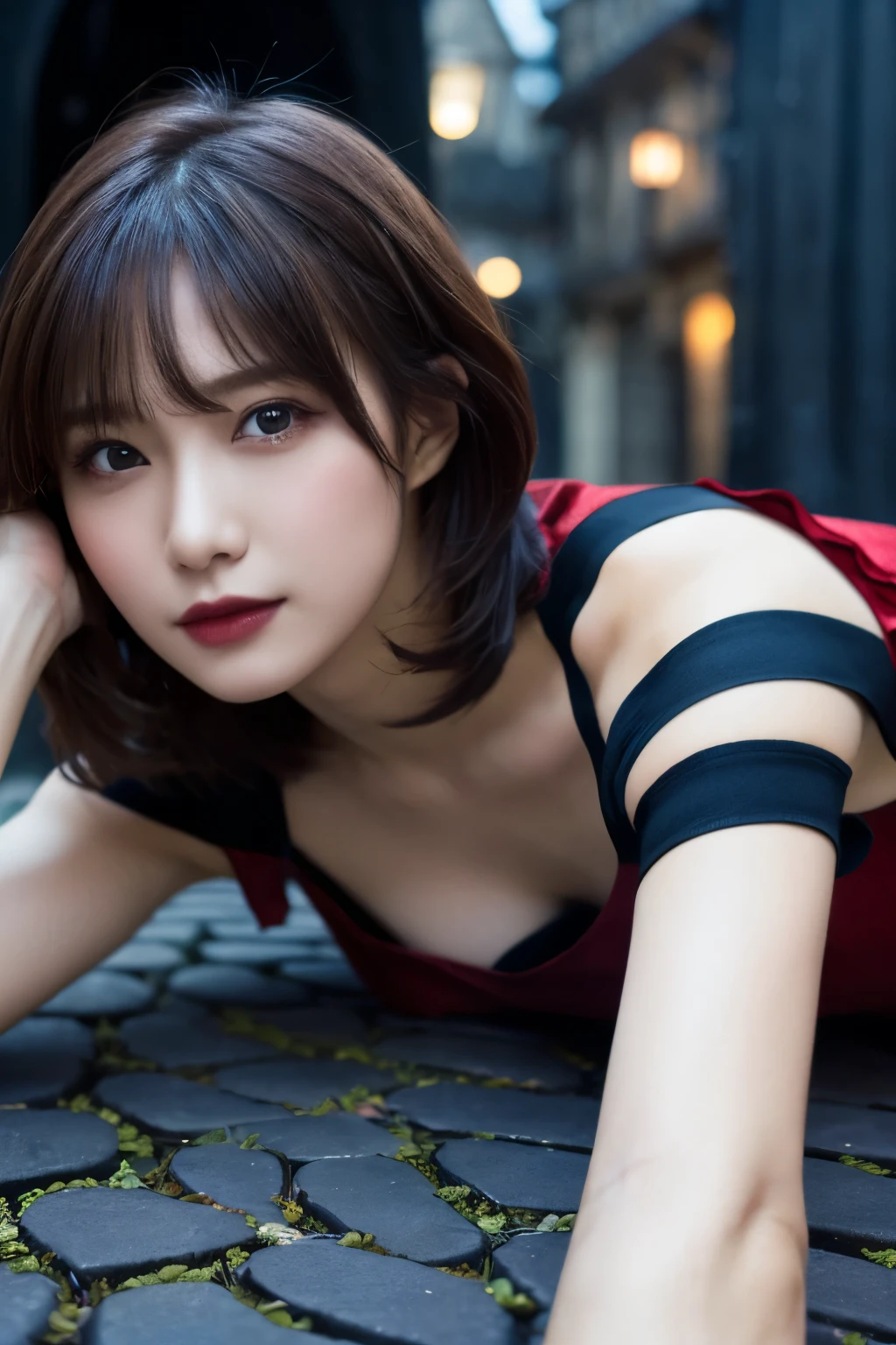 1 girl, ( She's Wearing a Red Dress :1.3), (Gothic Makeup),  Portrait of an adorable Japanese symphonic metal singer, (RAW Photo Best Quality), (Realistic, Realistic:1.4), (masterpiece), 
But delicate and beautiful,  very detailed, 2k wallpaper, wonderful, finely,  very detailed CG Unity 8K wallpaper,  very detailed, high res, Soft light, 
  A beautiful girl who takes care of every detail  ,  very detailed目と顔, A beautiful and elegant nose,  beautiful beautiful eyes, Cinema Lighting, 
(Girl lying on her back on cobblestones in a medieval city at night:1.3), (Dark screen:1.5),
(short hair), (Disheveled hair on the ground), ( indigo color scheme ),
  Perfect Anatomy, Slender body, Small breasts