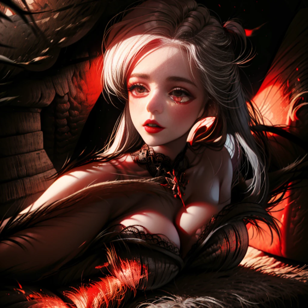 1girl, Masterpiece, very detailed, ultra detailed, exposed cleavage, red lips, dressed in in a black dress, Silver-white hair, Red  eyes, Black silk dress, Lace, Shoulders exposed, forest background, Contre-Jour, Cinematic texture, Light and shadow changes Europe, Middle Ages