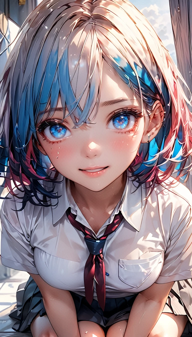 One Gal、 seductive smile 、((multicolor hair:1.2))、 black and blue hair、 medium hair 、 heterochromia、Detailed eyes、black and blue eyes 、Captivating thighs、clavicle、The shirt that fell apart、Black Bra、 jacket、tie、skirt、((betに仰向け))、Lying down、With both hands up、indoor、bet、Rising Sun through the Window 、(Best Quality:1.4), (masterpiece:1.4), ultra detailed, (((( High Resolution :1.4)))), 4K, 8k, Unity 8k 、((ultra-detailed face:1.4))、(Hires .fix:1.4)、(masterpiece,Best Quality, High Resolution :1.4)