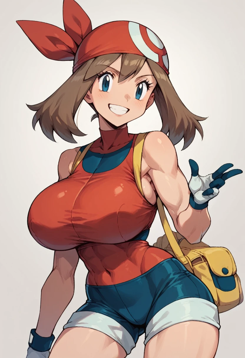 may (pokemon), bandana, red shirt, bare shoulders, torso, smile, gigantic bust, toned,