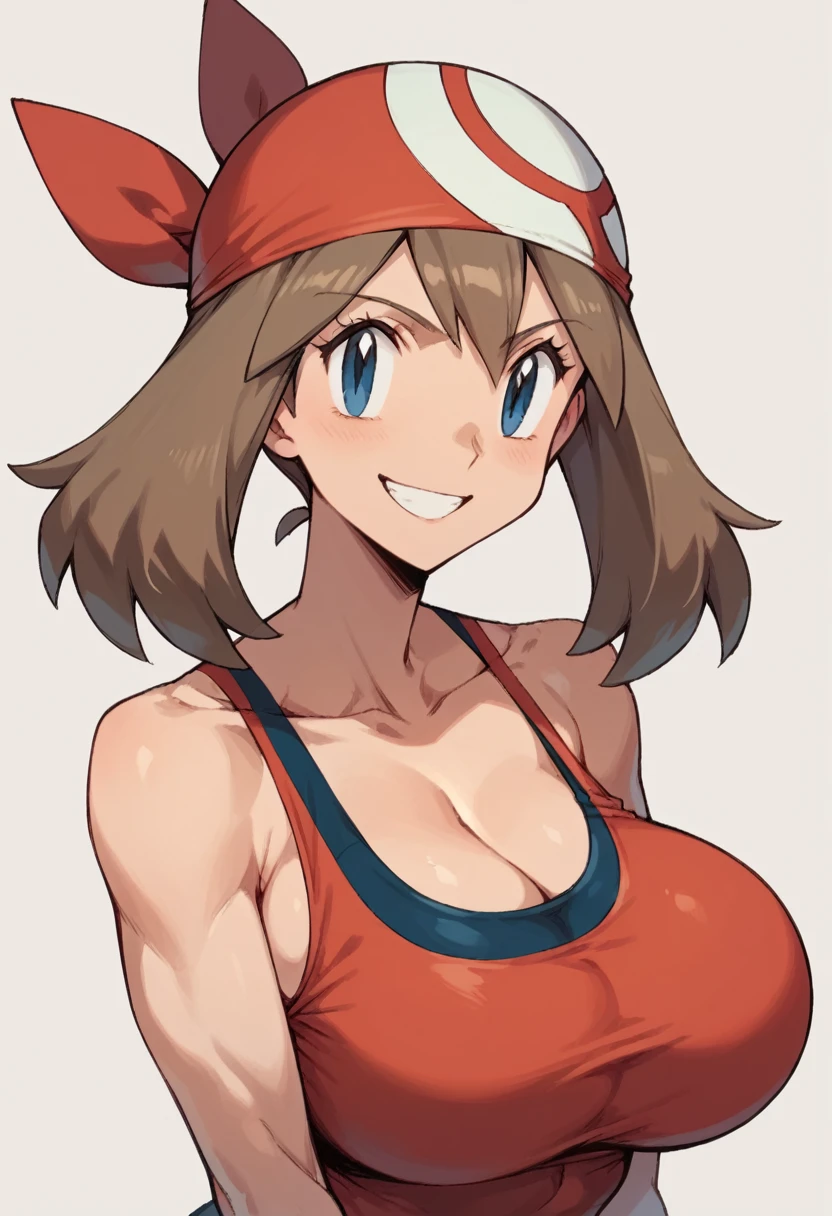 may (pokemon), bandana, red shirt, bare shoulders, torso, smile, gigantic bust, toned,