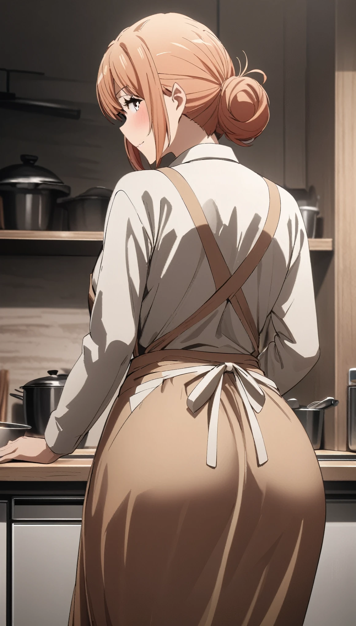 masterpiece, best quality, intricate details, 1girl, woman, mature female, mrs_yuigahama, orange hair, hair bun, clothes long sleeve, long skirt, apron, female focus, looking back, ((from behind)) ((close up shot)) ((solo)) detailed, very high resolution, no blurry image, cowboy shot, indoors, in the kitchen