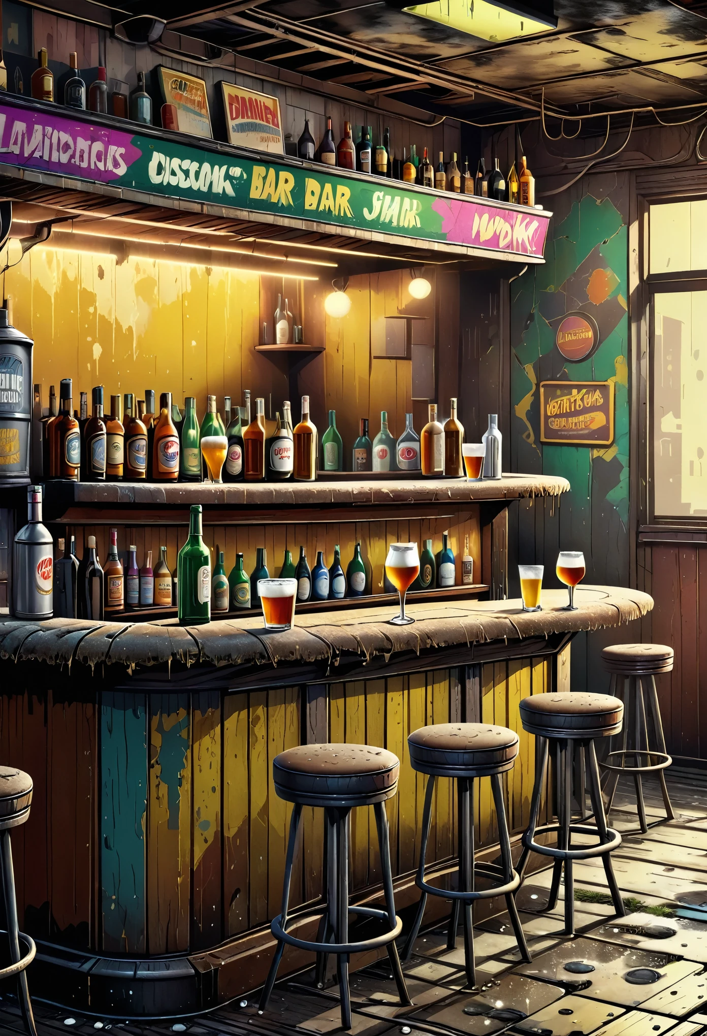 Wide shot:1.5,  an old and dirty bar that has seen better times in the style of lslwd, Illustration for video games , Pop art:1.4, UHD, masterpiece, Accurate, Super detail, high details, high quality, Award Winning, best quality, highres, 1080P, 8K, HD