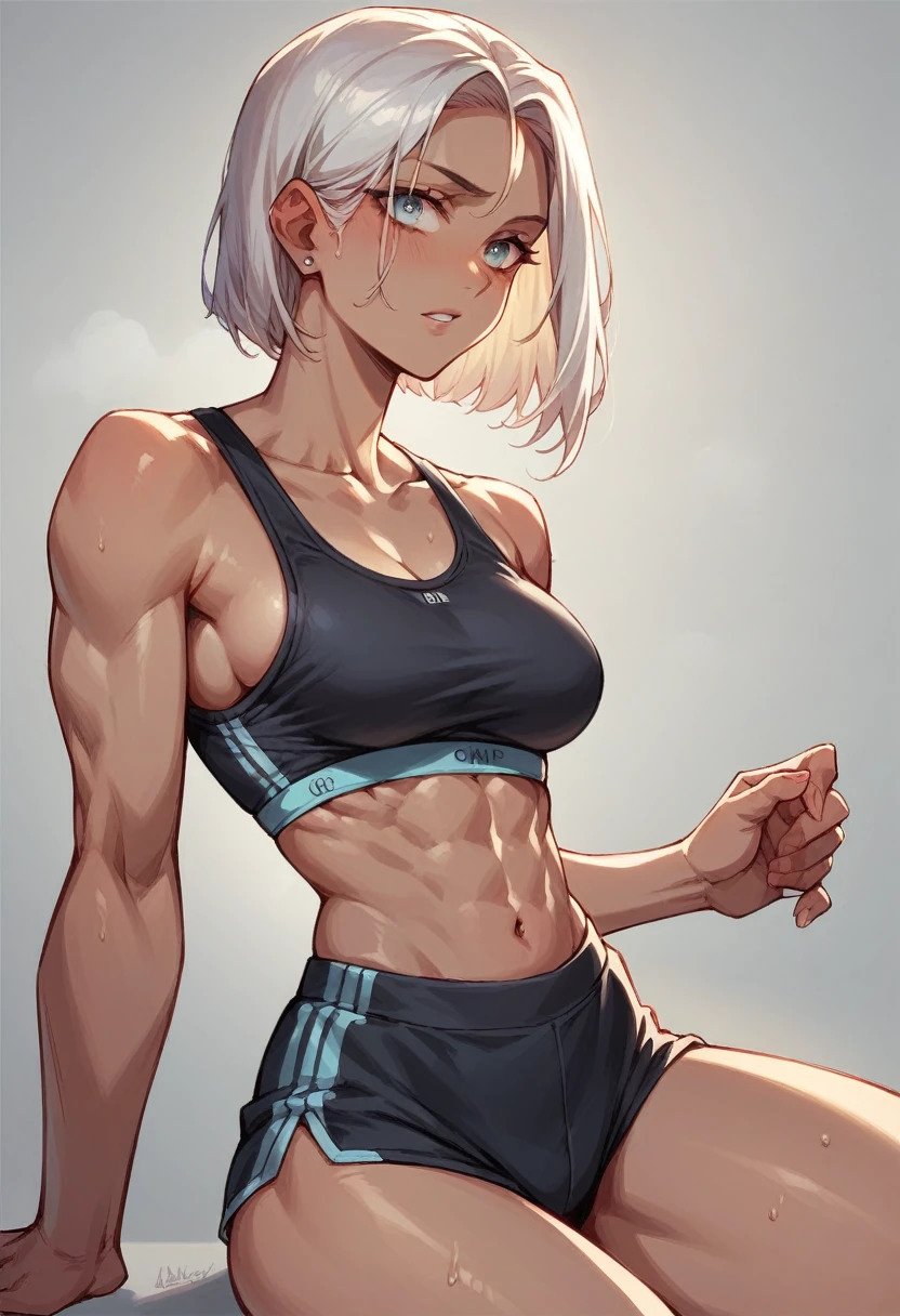 (((SHARP detail perfect face))), (nice hips), detailed skin, ((masterpiece)), best quality, (SHARP details), 4k, ((dark skin)), (Short blonde hair), (slightly muscular), sweat, (short Tanktop), (Short pants), amber eyes, looking at viewer, sitting, (Short boy), (Blushing), femboy, (Feminine boy), ((Short boy)), smiling, open mouth, indoors, at barn