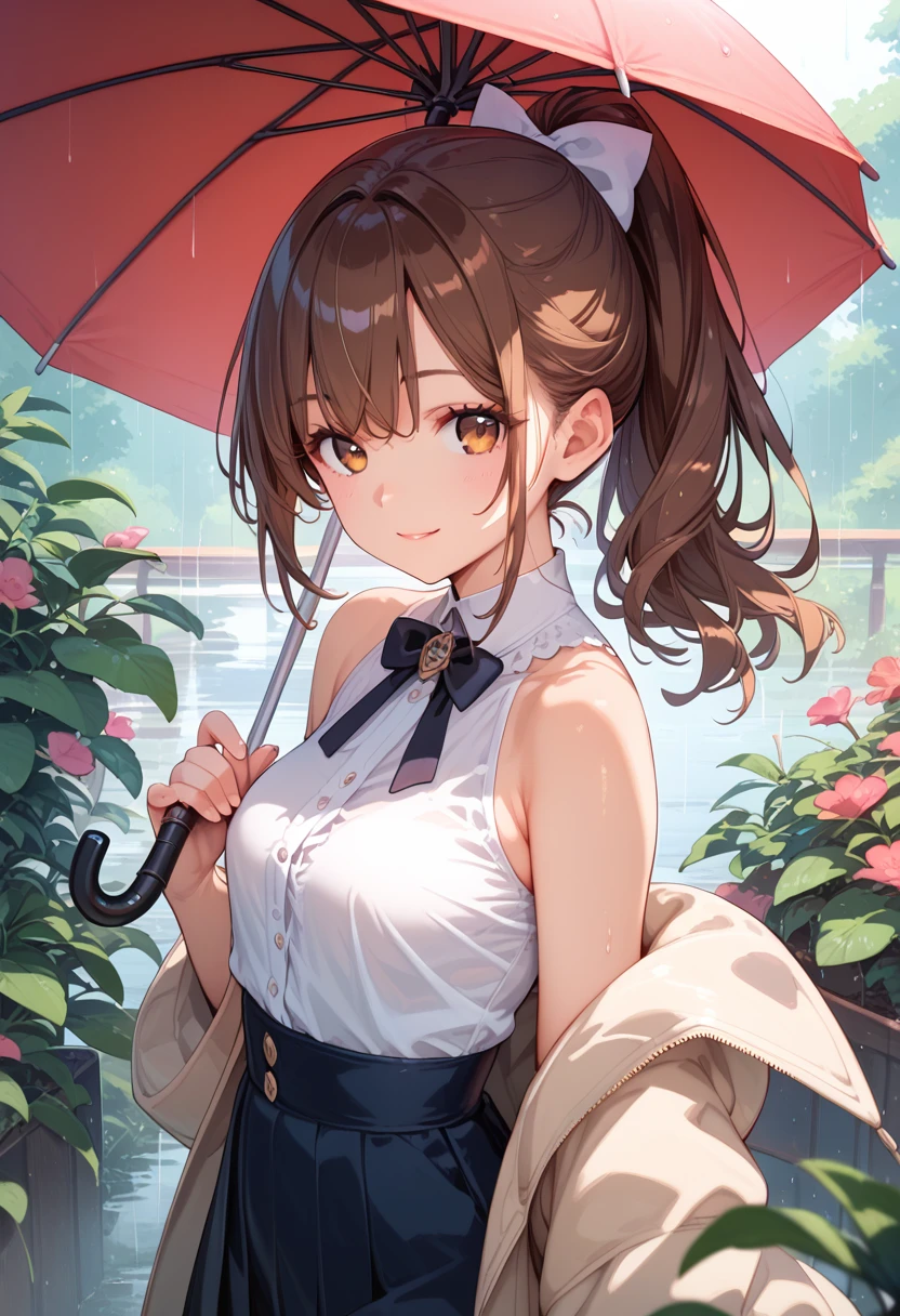 (Best Quality),  Female Adult, Brown Hair,  ponytail, smile, If you look at this,  High Resolution , Beautiful girl with perfect body , Long eyelashes,  Holding an umbrella, Standing in the rain, 