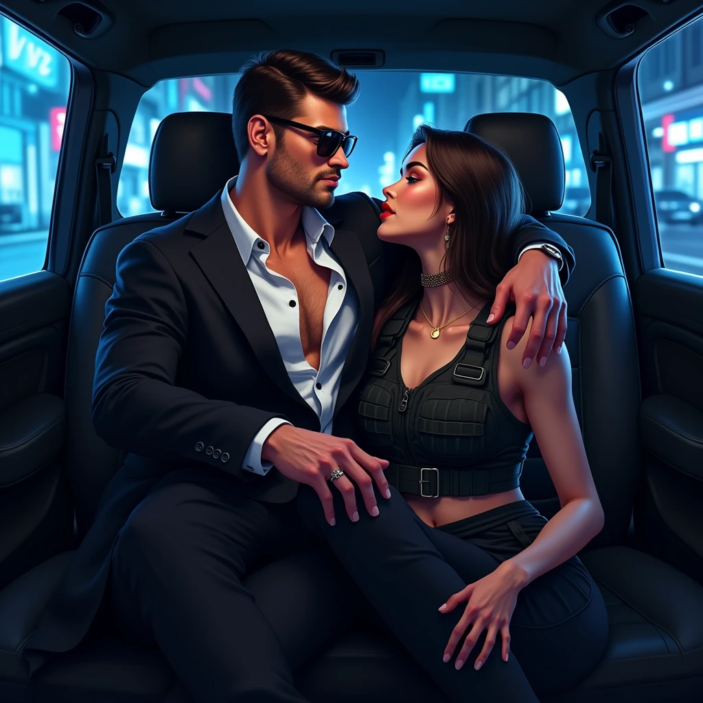 Beautiful Mistress,brown bun hairs, wearing purple boot-cut pants, wearing purple underwear, wearing black home sandals, handsome man, wearing suit, mistress sitting inside car , man lying down under mistress chair , mistress puts her foot on man's face, foot on face, femdom, inside car , night