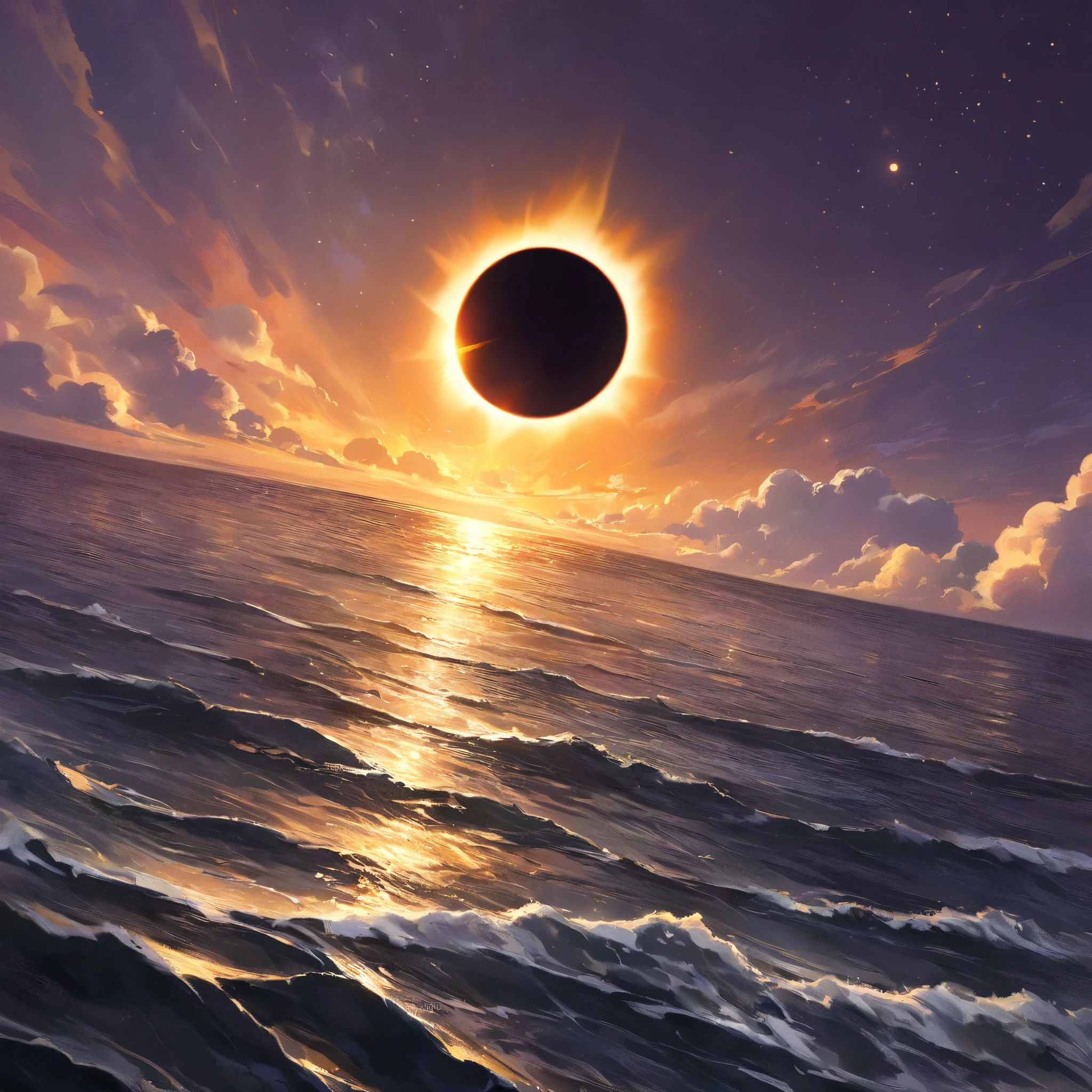 (masterpiece, best quality,8k,Dutch angle shot),solar eclipse, sky turning dark, sun’s corona shining bright, glowing edge of the moon, soft golden glow, mystical twilight, deep purple and orange sky, scattered stars, calm sea reflecting eclipse, ethereal atmosphere, hand-painted texture, glowing clouds, serene and powerful, luminous contrasts, celestial harmony
