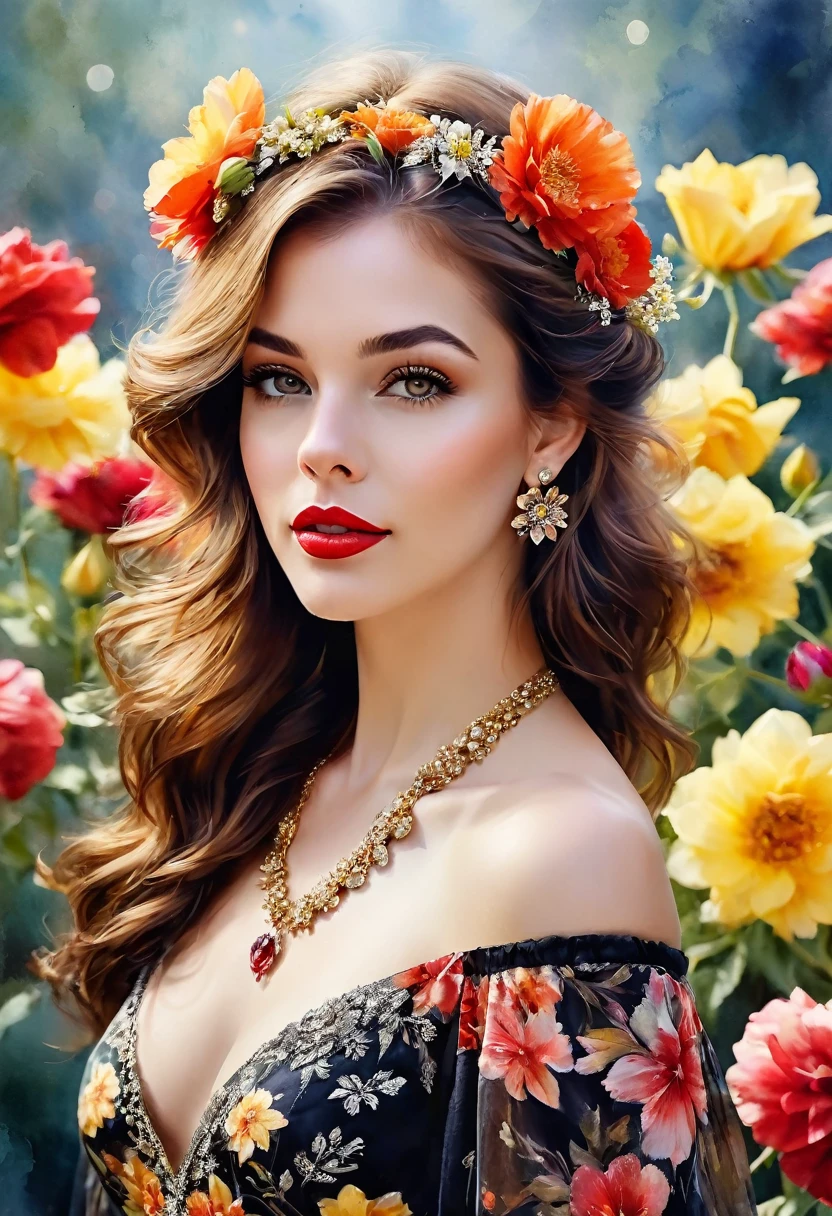 watercolor, masterpiece.  Beautiful realistic woman ,  Detailed face ,  crystal clear amber eyes , red lipstick,  Loose brown hair , lively beautiful yellow flower in hair , delicate earrings and necklace ,  shiny red and black floral silk dress,  off shoulders , background flowers,  depicted from the knees and above , amazing image, background bokeh, UHD.