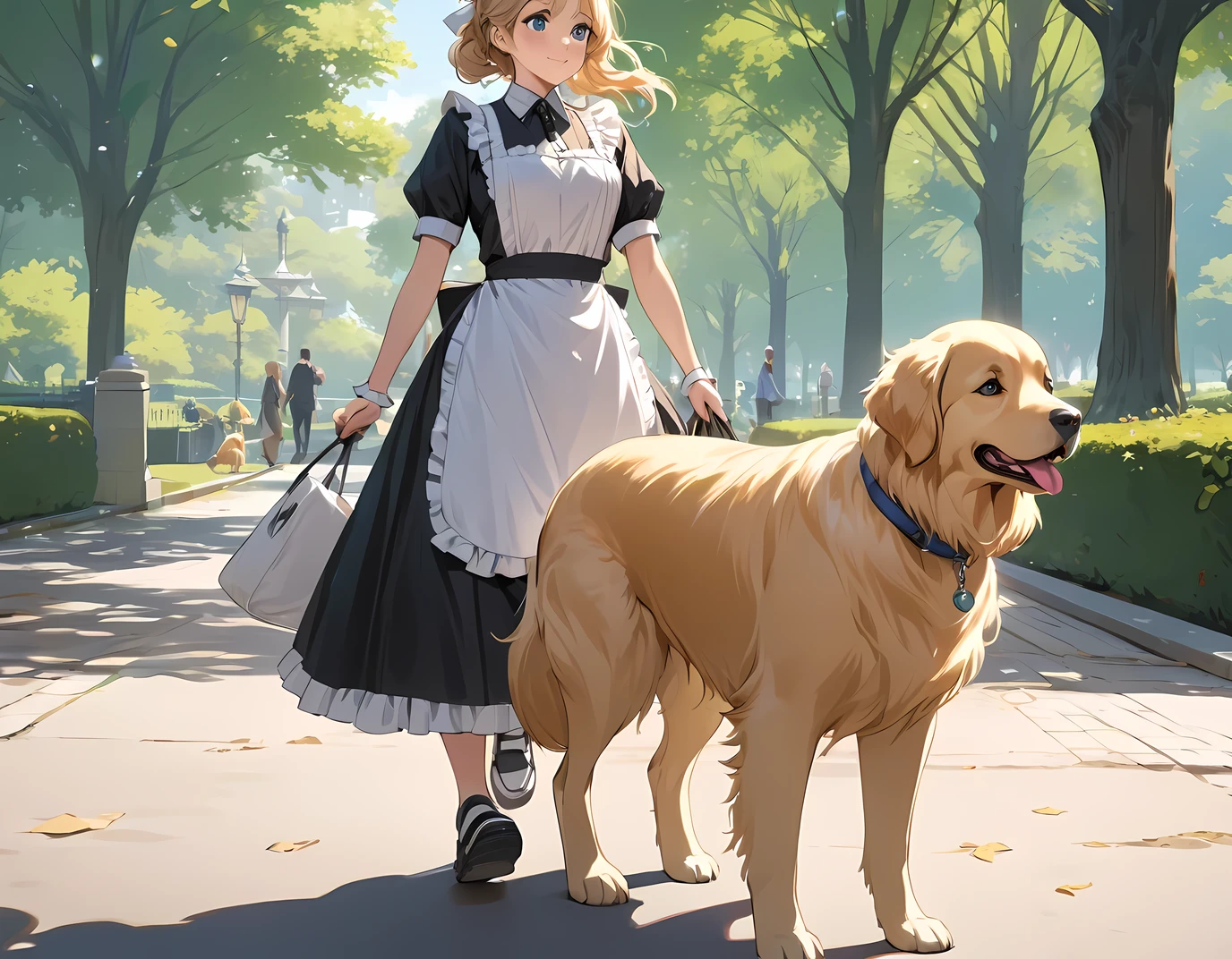 ((best quality)), ((masterpiece)), (detailed), perfect face, detailed eyes, (best quality), (detailed skin:1.3), (intricate details), A maid girl walking her dog, Large dog, Golden Retriever, Walk in the park