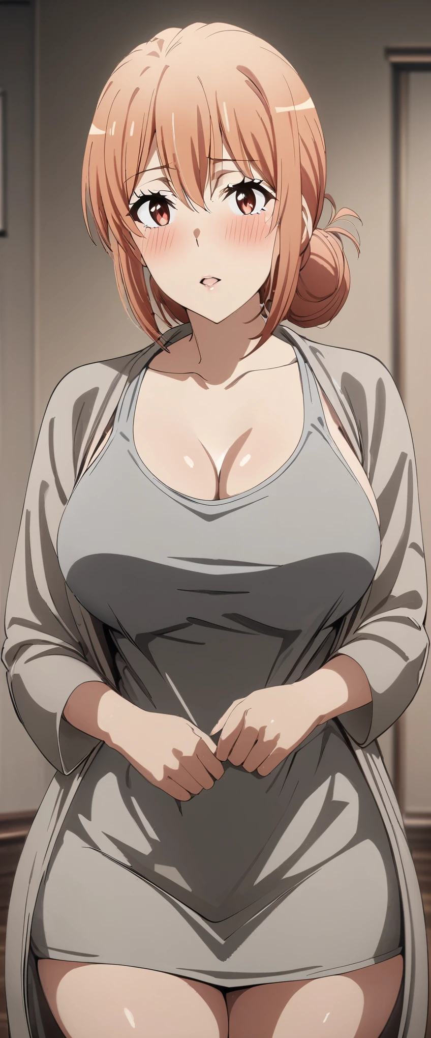 masterpiece, best quality, intricate details, 1girl, woman, mature female, mrs_yuigahama, orange hair, hair bun, red eyes, gray dress tank top, open cardigan, female focus, large breast, looking at viewer, blush, ((front view)) ((close up shot)) ((solo)) detailed, very high resolution, no blurry image, cowboy shot, indoors, bedroom 