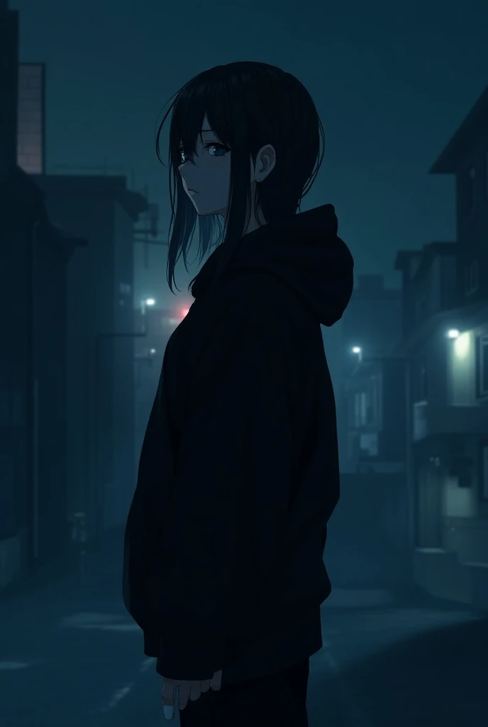 (masterpiece, best quality), night, from side, back against wall, 1girl, solo, smoking, casual, expressionless, moon
