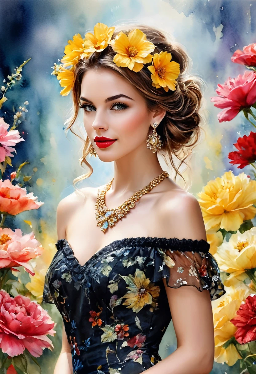 watercolor, masterpiece.  Beautiful realistic woman ,  Detailed face ,  crystal clear amber eyes , red lipstick,  Loose brown hair , lively beautiful yellow flower in hair , delicate earrings and necklace ,  shiny red and black floral silk dress,  off shoulders , background flowers,  depicted from the knees and above , amazing image, background bokeh, UHD.