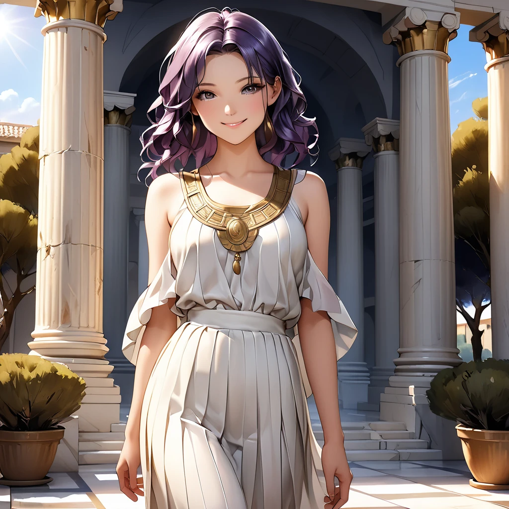 A girl wearing an ancient Greek chiton, standing elegantly, the chiton flowing gracefully with pleats, intricate patterns embroidered, delicate sandals, dark wavy hair styled in a Greek fashion, serene expression, set against a backdrop of ancient Greek architecture with marble columns, olive trees in the background, soft sunlight casting gentle shadows, historical and mythological ambiance, high detail, realistic style, deep purple hair , hyper beautiful face, purple hair, perfect anatomy, shiny skin, beautiful smile, 