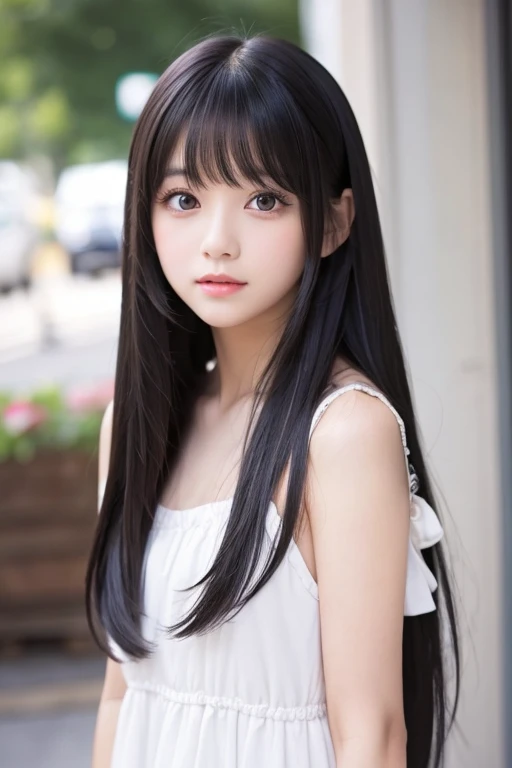 Long black straight hair、With bangs、beautiful girl。 cute young lady idol with big eyes wearing a neat white dress。清楚な白いワンピースを着ている。