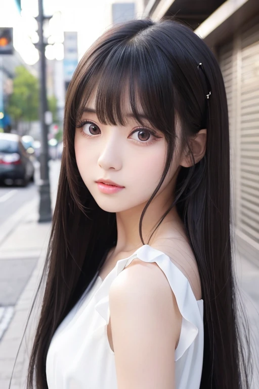 Long black straight hair、With bangs、beautiful girl。 cute young lady idol with big eyes wearing a neat white dress。清楚な白いワンピースを着ている。