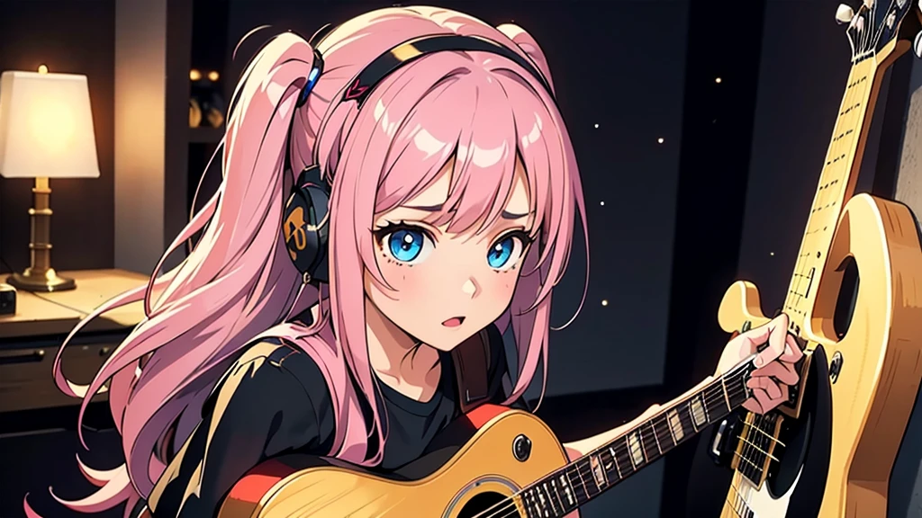 1girl, ((Movie Lighting)),  colorful ,  super detailed,  dramatic lighting,  intricate detail ,  are of the best quality, (extremely detailed CG unity 8k wallpaper, masterpiece,  are of the best quality,  Ultra HD, The best shadow), ( detailed background :1.4), ( Beautiful and detailed face ,  Beautiful and detailed eyes ),  High Contrast, (Optimal lighting,  Extremely Fine and Beautiful ),(girl:1.5),  alone,  Black skirt , Blue Eyes, electric Guitar, Guitar, earphone, Keep, Keep plectrum, Musical Instruments, Long hair, music, One side up,  pink hair , 弹Guitar, Pleated Skirt, Black shirt, indoor ((Corrosive)), Dynamic Angle,Beautiful detailed gloss,whole body, Cowboy shooting,