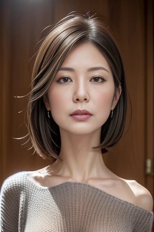 8k images, highest quality, masterpiece, Realistic, Realistic, High resolution, Ray Tracing, 1 sexy Japanese model, Dark deep V-neck sweater,Big Breasts, Shapely breasts, Detailed skin texture, Shortcuts, Straight hair, Slim figure, ((View your audience))