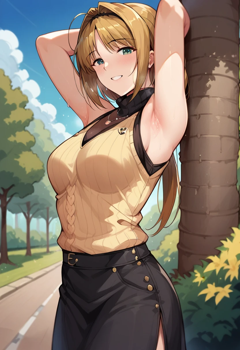 (takamori haruka:1.2), 1 girl, score_9, score_8_up, score_7_up, score_6_up, ((12k,Masterpiece)), Very detailed, clothes reflecting light ,(mature female, small breasts:1.0),Outdoor,Park,(black long skirt,sweater ),bitter smile, (arms up, armpit,:1.0),