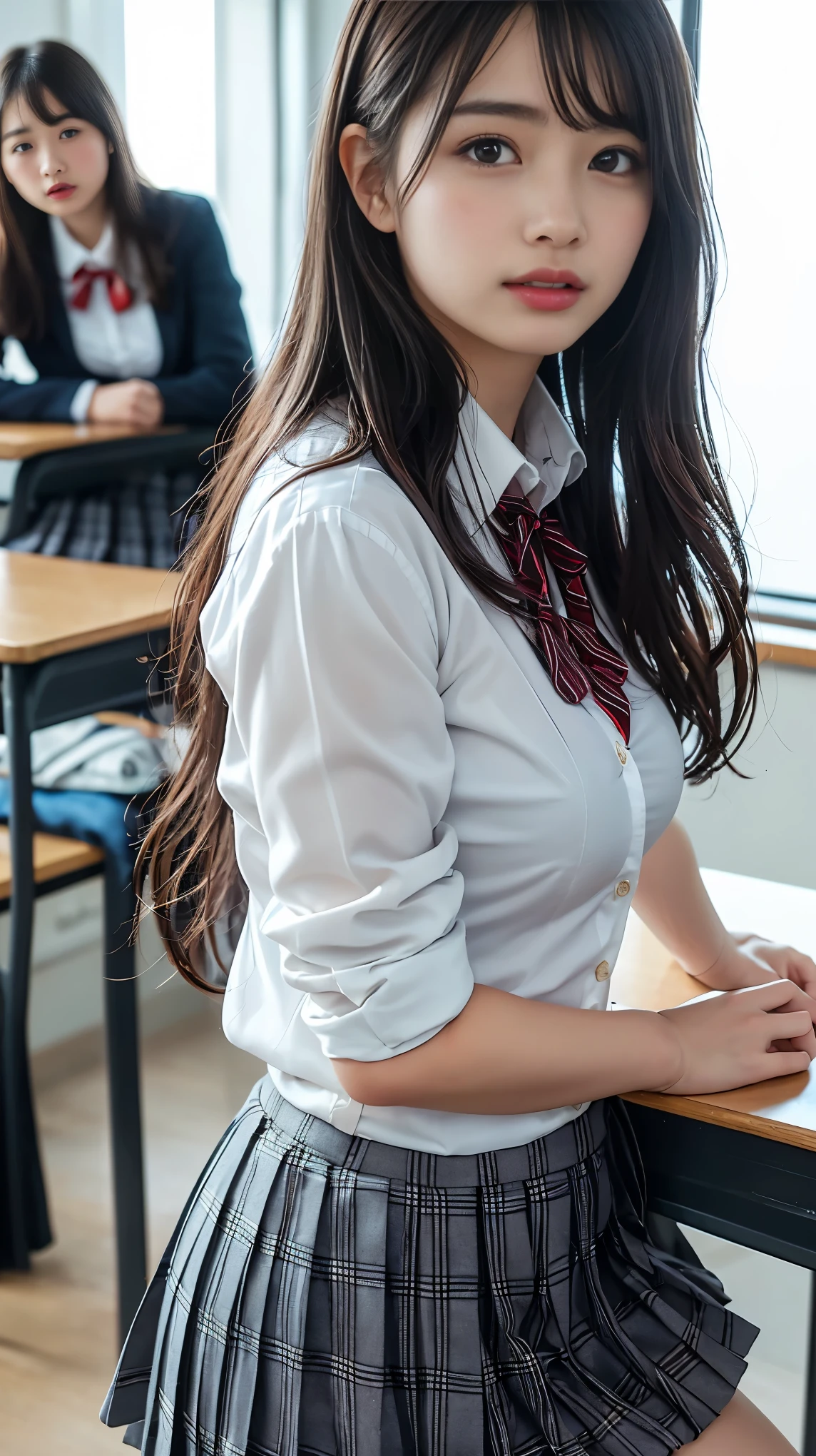 ((Breast enlargement)), (masterpiece, Highest quality:1.2), 8K, Young and beautiful girl, 85mm,Official AR RAW Photos, (Baby Face), ((Small face)), (((Super big breasts))), Detailed nipples, Show me your ears、photo shoot, Cute face, Thighs, Classroom after school, Looking at the audience, Embarrassing、smile、No makeup, Film Grain, chromatic aberration, Sharp focus, Face Light, Bright lighting, 10 generations, Detailed face, Background blur、((((((14 year old high school girl))))))、Narrow waist, ((Schoolgirl uniform, Pleated mini skirt)), (White tiny panties), Sit with your legs apart, (Show me your underwear)