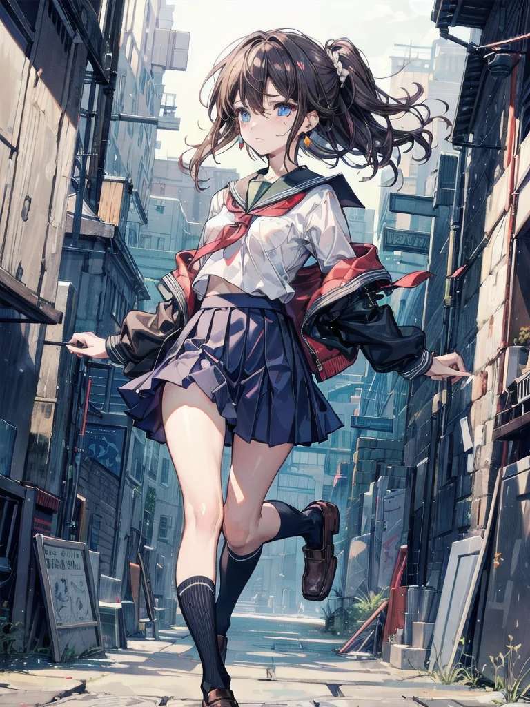 (Official art、Best Quality、Unity 8k Wallpapers、32K、 masterpiece、ultra-detailliert、High resolution,Perfect Anatomy:1.3),(natural soft light:1.2),Detailed beautiful face and eyes,cowboy shot,(focus 1woman,solo),18-year-old beauty、japanes, master of success:1.5、black hair,long hair,blunt bangs,black eyes,(smaller head:1.4, ideal ratio body proportions:1.5,skinny:1.2,t small breasts:1.2),(School uniform:1.3、shortsleeves、a sailor suit、pleated mini skirt、Fighting Gloves:1.5)、fight with success、((Highkick:1.5)),white  panties、outside of house、Street Fight、