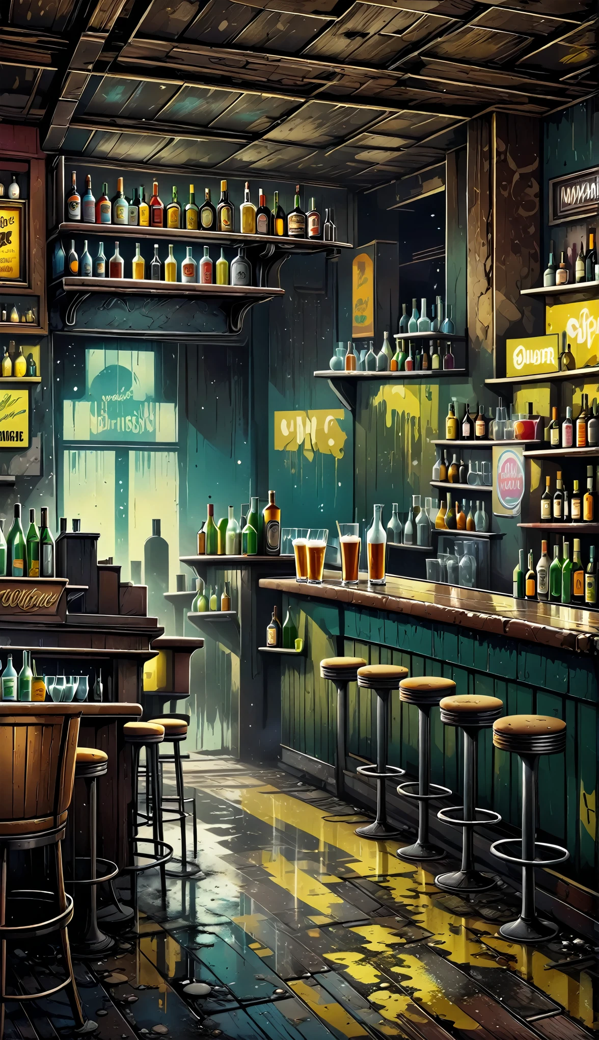  an old and dirty bar that has seen better times in the style of lslwd, Illustration for video games , Pop art, UHD, masterpiece, Accurate, Super detail, high details, high quality, Award Winning, best quality, highres, 1080P, 8K, HD