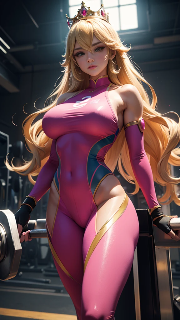 Princess Peach sexy, Blonde hair, a crown, detailed eyes, She is at the gym, gym, Lycra pink sports jumpsuit, fingerless glove,  pink sports socks, athletic body, big breasts, vfx (Visual Effect)  highlights the intricate anatomical features in a perfect way. sfx, complement visual art, immersing the viewer. The level of detail is inspiring,  with meticulously crafted intricate elements ,  volumetric effects add depth and dimension, and the photorealism is unmatched. The image is rendered in 8K resolution,  ensuring super-detailed visuals ,  highlighting her beauty and aura in a supernatural way .  High Dynamic Range technology  (HDR)  makes the cores stand out , adding richness to the overall composition. Finally, this art presents an unreal portrait.