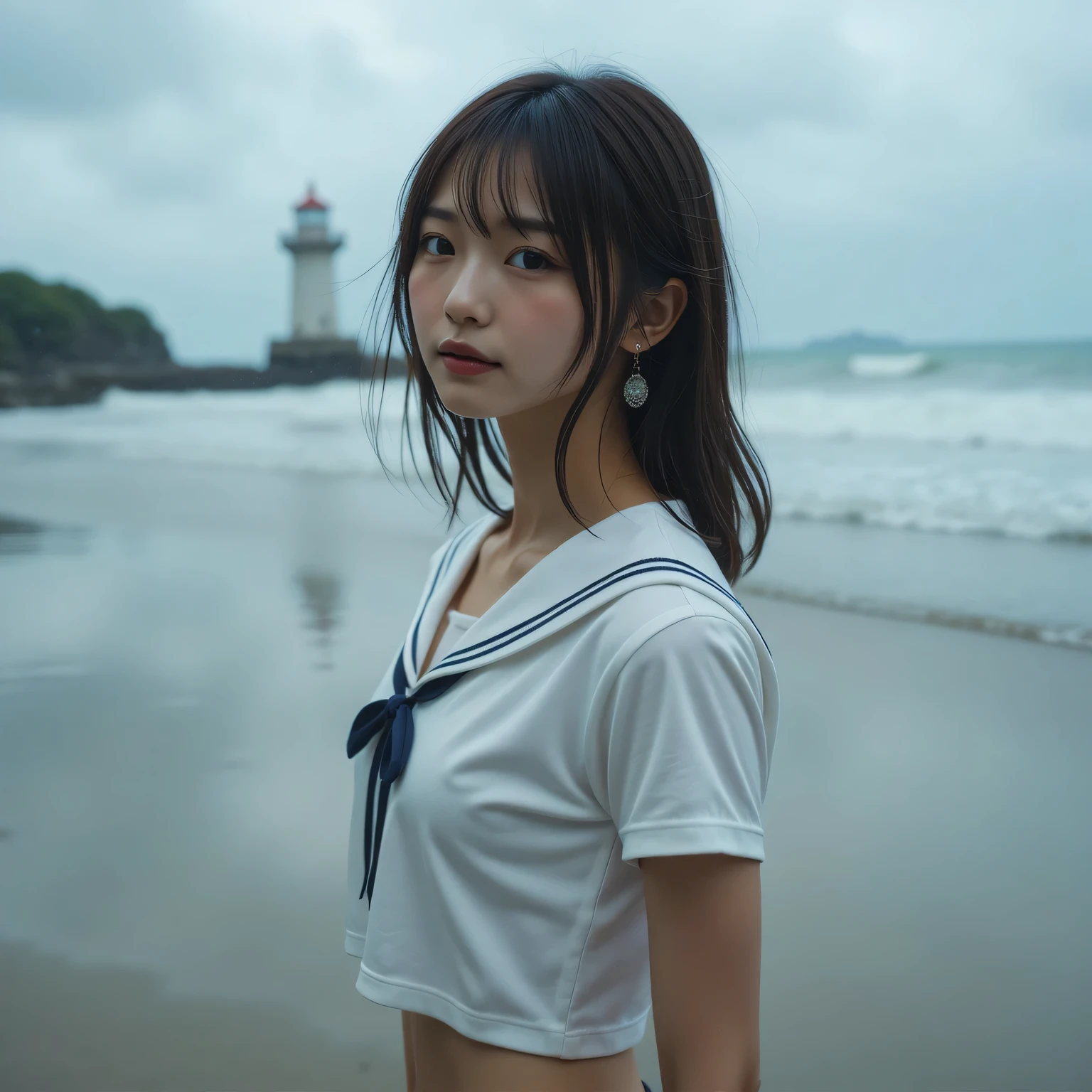 I like this photo , Photo of a rainy scene , super real, Very Beautiful Japanese Female Student , close:1.21, Japanese fashion model , dramatic scene , masterpiece, Perfect Anatomy:1.21, Small head:1.21, Slender body:1.37, Narrow waist:1.5, Thin limbs:1.5, flat chest:1.5, Anatomically correct limbs, on the beach with the lighthouse in the background :1.21, Cloudy, Haze , Heavy Rain :1.37, Wet Skin:1.37, wet hair :1.37, Wet clothes:1.37, Uniforms from prestigious metropolitan high schools:1.21, Short sleeve clothing, White short-sleeved sailor suit:1.21, sera fuku:1.21, Navy Blue Pleated Mini Skirt, Brown Hair, Wavy Hair, I can see hair blown in the wind , Perfect composition, Proper placement, Cinema Lighting,