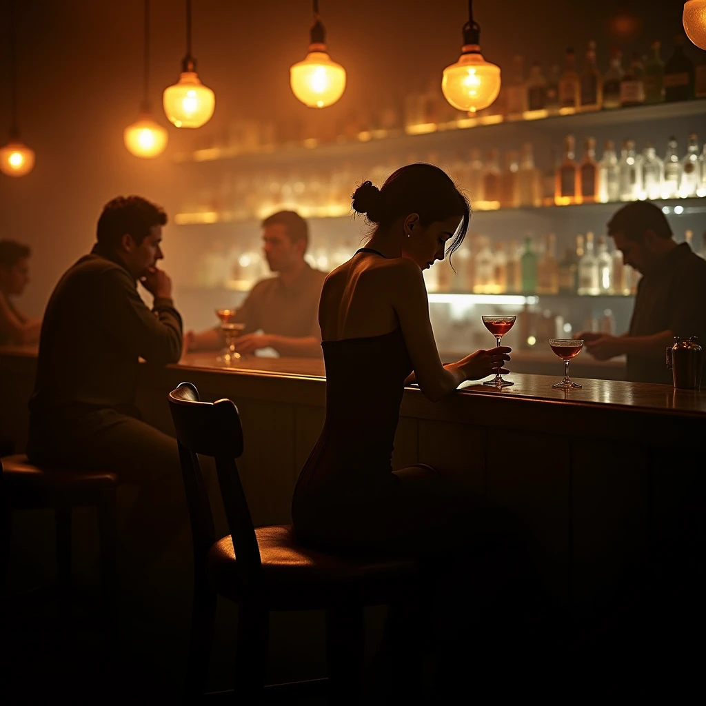 a woman pouring drink at bar,dimmed lighting creating cozy ambiance,woman interacting with customers,soft glowing lighting on woman,bar interior at dusk,realistic detailed,photorealistic,4k,high quality,masterpiece,dramatic lighting,moody atmosphere