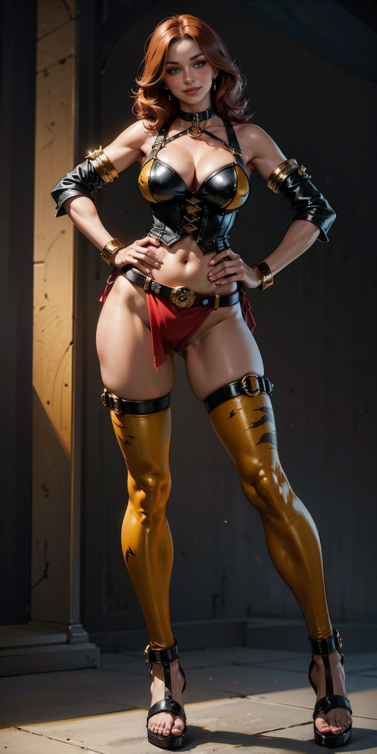 1girl, Forrest from Fire Emblem brown boots, brown gloves blonde twintails, full body, female BIMBO yellowish tiger print bikini, hands on waist, navel, lustful smirking smiling, smile face, red blushed, red cheeks, gold sleeveless armbands, black leather choker collar, sleeves bracelets wristband, leather corset