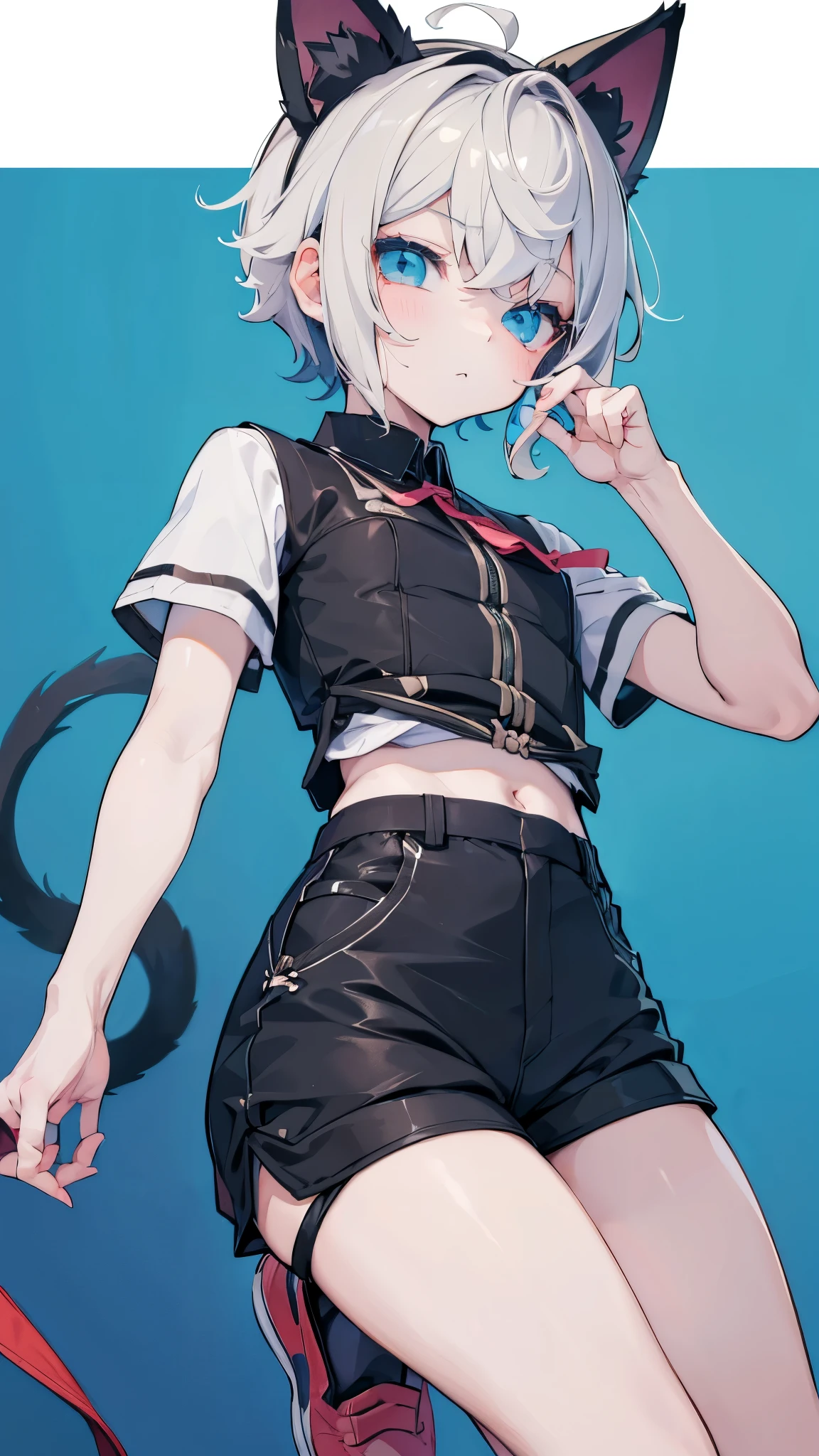 Shota，boy，Beautiful Boy，femboy,cuteboy，shorts，紧身shorts，thigh，肉感thigh，Slim waist，cute，shorts，Hot Pants，Short-sleeved shirt ， cat ear teenager ，黑发 cat ear teenager 