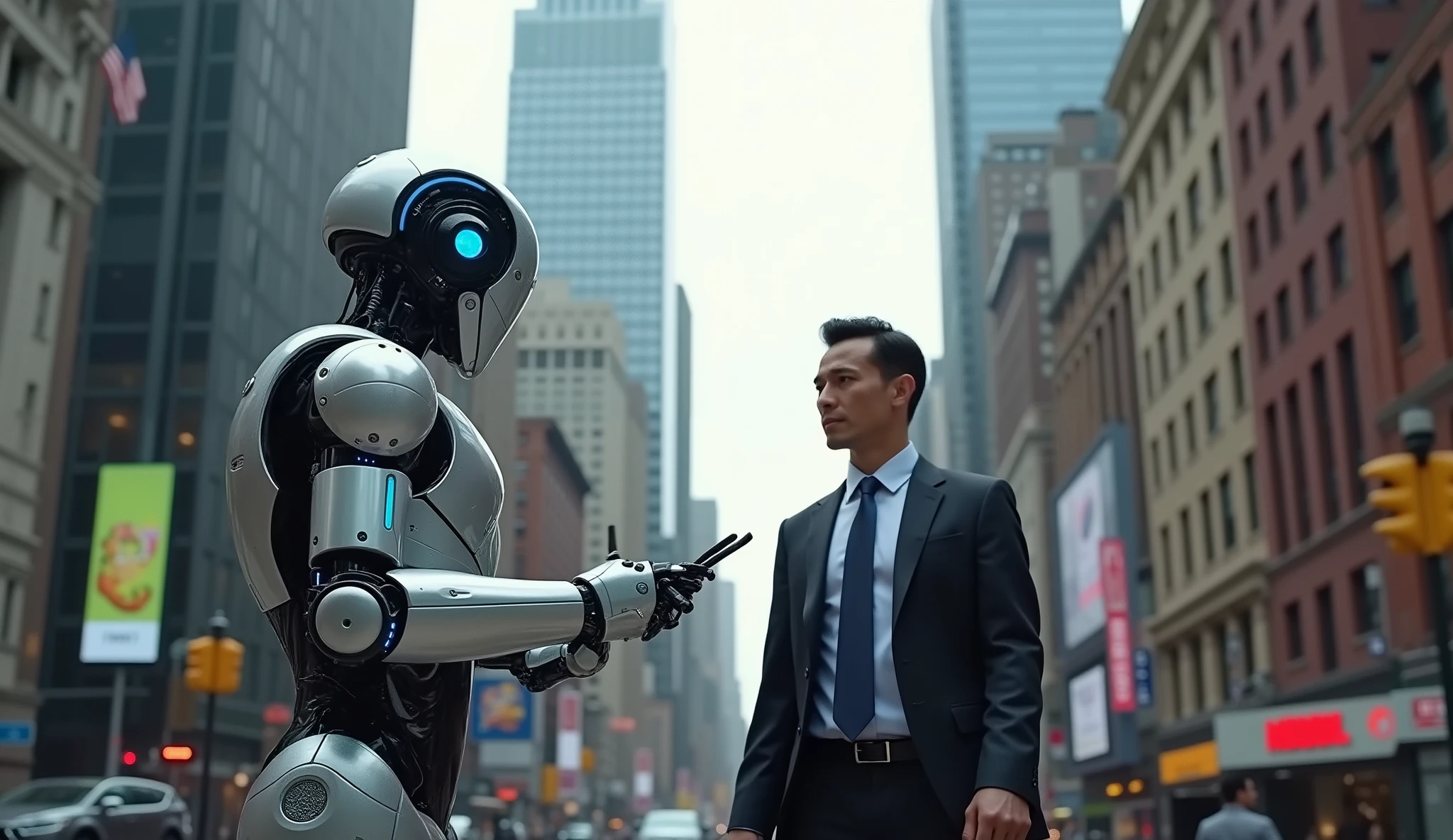 Robot man, Written "IOI" on the arm com aparência de um homem, and a female robot, Written "IOI" on the arm, and an elderly man in a wheelchair, with the appearance of a woman, all 3 waving at the camera