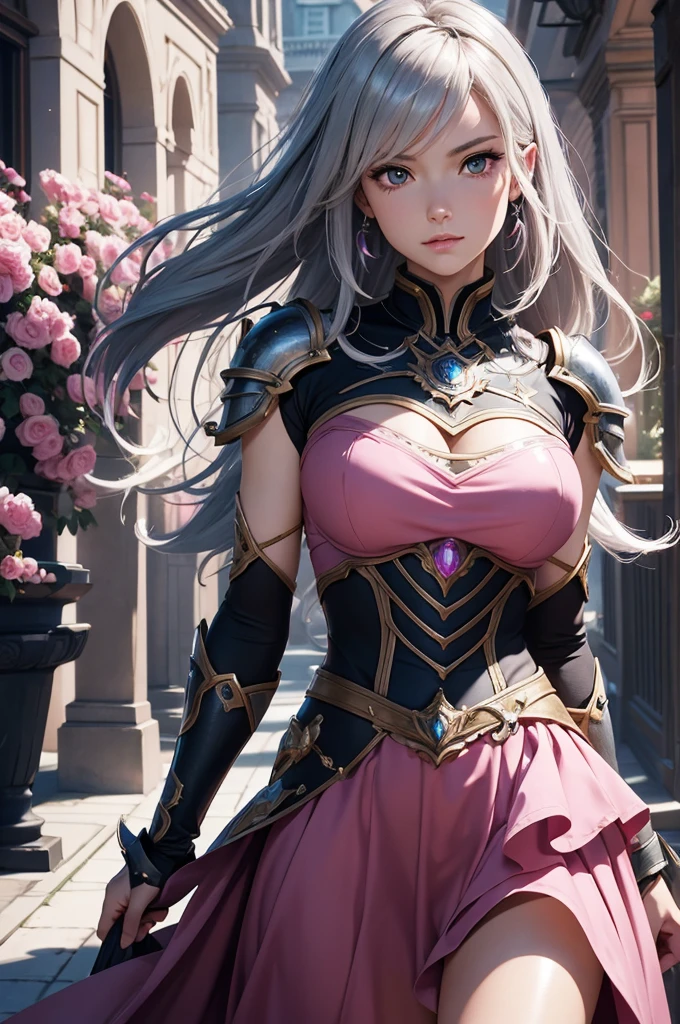 ((UHD, masterpiece, accurate, anatomically correct, super detail, best quality, 8K)), Woman wearing a pink dress, Portrait of a Zodiac Girl Knight , Portrait of a Knight Woman , Ailia, Katarina, Shadowverse character concept, Character Splash Art, artgerm details, Shadowverse Style, Ash, Sharp Silver Armor Fuchsia Skin, Astori Lawn, Hero Character Art