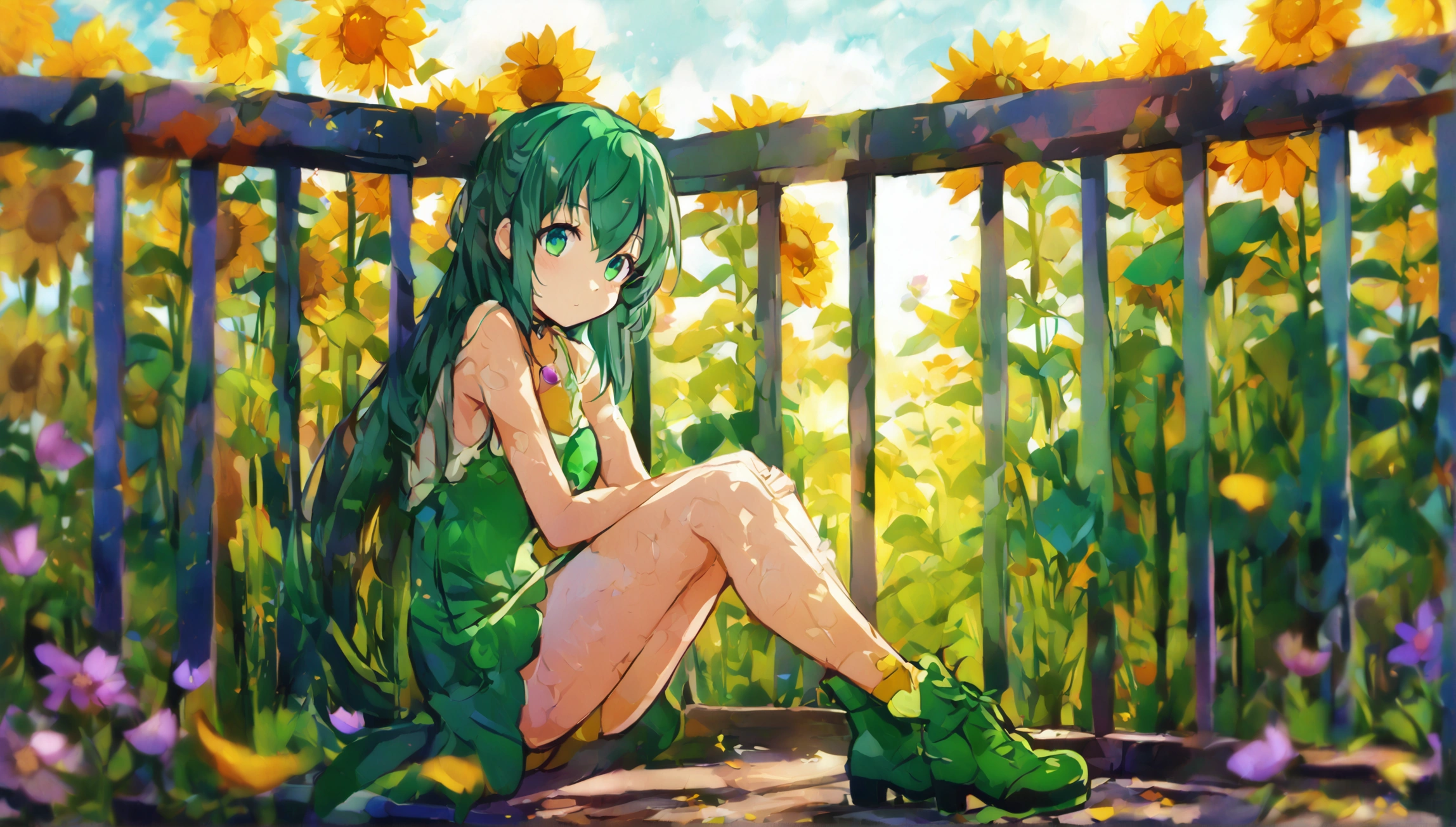 1girl, green eyes, purple pendant, orange hair, medium hair +++ yellow pantyhose, green dress, lightgreen shirt, green boots Hiding face with arm, looking to the side, extremely quality extremely detailed, illustration, cute anime face cinematic lighting,Long haired anime girl sitting on a bridge with flowers, Beautiful sunflower anime girl, Nightcore,   Best Anime 4K Conachan Wallpaper  , Shu,  cute anime girl visual,  from the Azur Lane video game ,   soft anime illustration  , Anime Style 4k,  ANIMEMOA ART STYLE,  Beautiful Anime Artwork ,  hana yamata , by Shimo