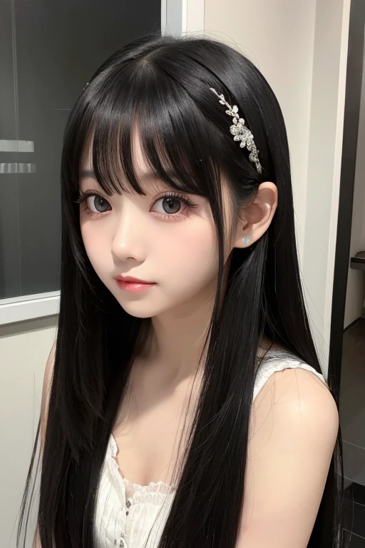 Long black straight hair、With bangs、beautiful girl。 cute young lady idol with big eyes wearing a neat black dress。清楚な黒いワンピースを着ている。