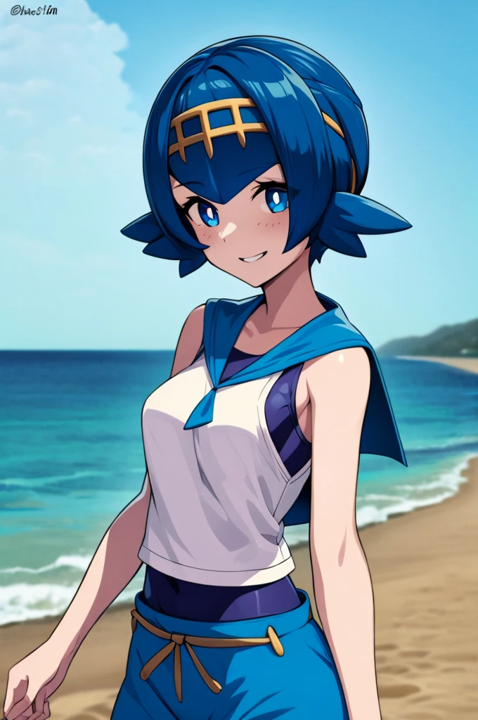 (master piece), (best quality), (8k), (ultra high resolution), (highest quality), (anime style), (best writing), (beautiful face), (masterpiece), (highest quality), (detailed beautiful face and eyes), (textile shading), (cowboy shot), (beach), 1girl, solo, pkmnLana, white pupils, headband, blue sailor collar, sleeveless white shirt, swimsuit under clothes, blue pants, small breasts, beautiful breasts, happy, smile, walking,,