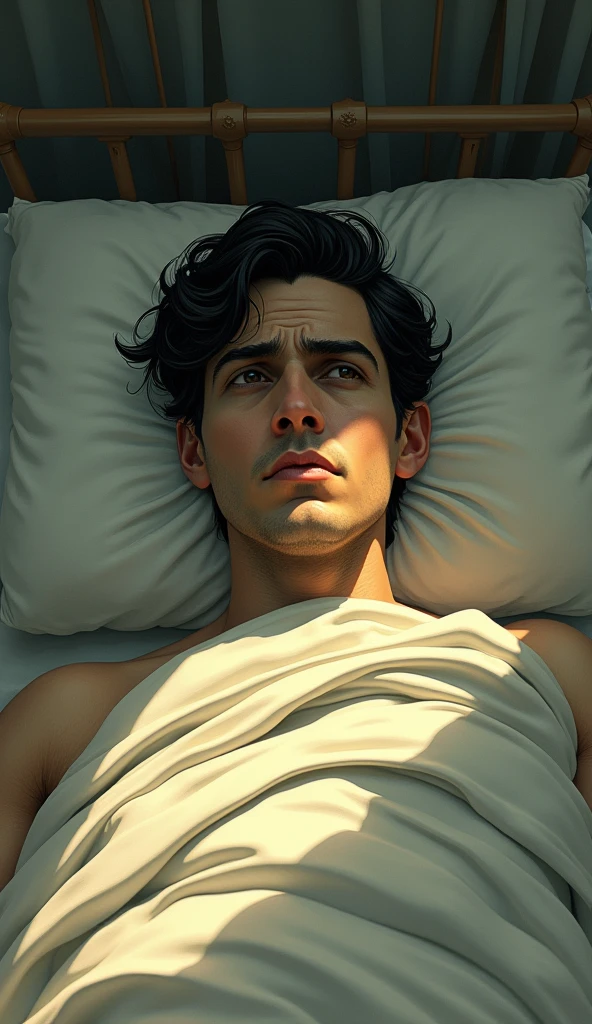 A shocking image of an exhausted young man, wrinkled, perspiring, is in desperation seeking success, looking straight ahead, expression frustrated by seeking success and not achieving it, in the background a television with the Netflix logo, drinks around and a bed with a prostitute lying on it, symbolizing the distractions that prevent you from achieving success, realistic illustration,